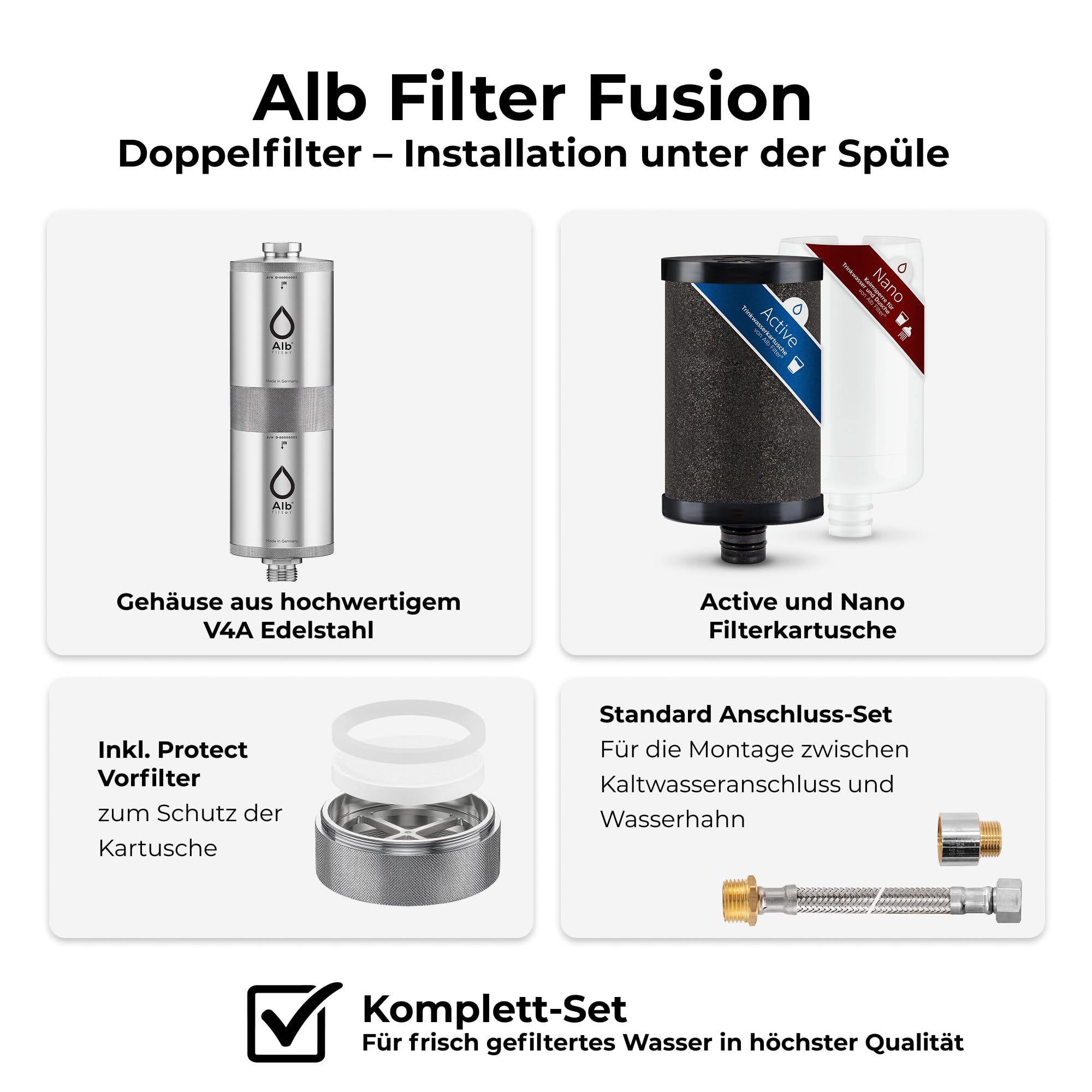 Alb Filter® FUSION Active+Nano Trinkwasserfilter gegen Schadstoffe und Keime | Untertisch | Made in Germany I Mit Protect Vorfilter (Edelstahl mit Protect)