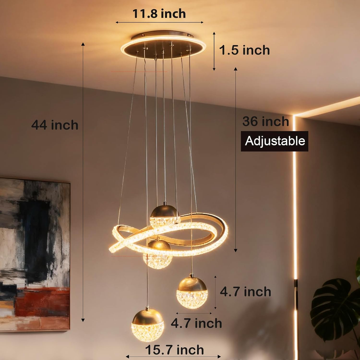 Modern Chrome LED Chandeliers for Dining Room Light Fixture, Cluster Pendant Light Over Table Adjustable LED Light for Kitchen Island Living Room Bedroom