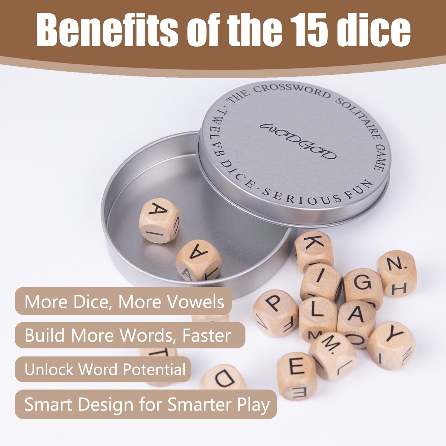 WodGod Crossword Dice Game for Adults – 15 Wooden Letter Dice for Strategic Play, Language Practice & Travel Use