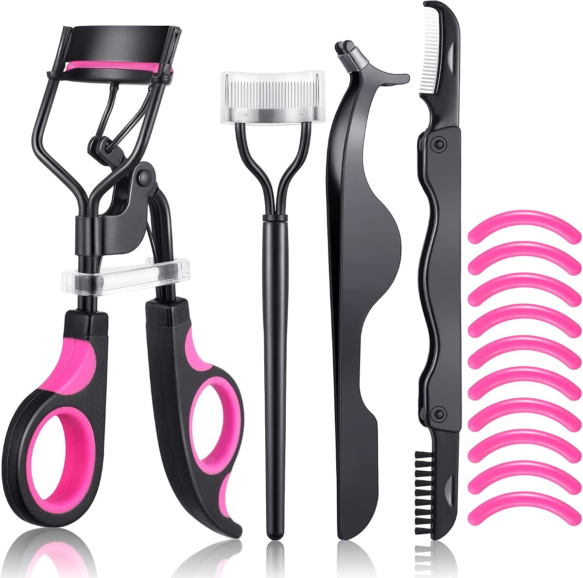 14 Pieces Eyelash Curler Kit Eyelash Comb Eyebrow Brush Tweezers False Eyelashes Applicator Tool Eyebrow Trimmer Silicone Refills Pads for Women(Black and Purple)