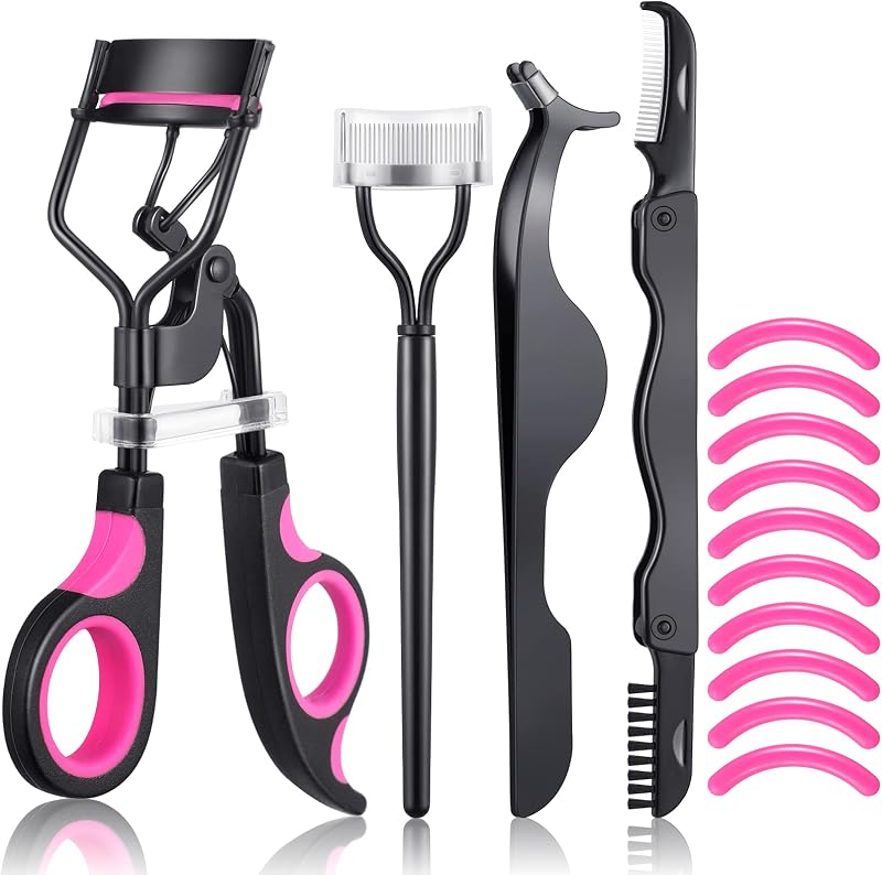 14 Pieces Eyelash Curler Kit Eyelash Comb Eyebrow Brush Tweezers False Eyelashes Applicator Tool Eyebrow Trimmer Silicone Refills Pads for Women(Black and Purple)