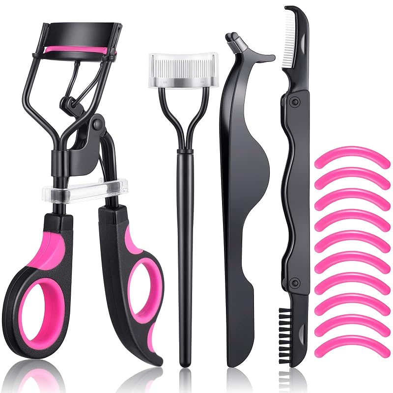 Kit de curvador de cílios Honoson com pente, escova para sobrancelhas, pinça, aplicador de cílios postiços, aparador de sobrancelhas e refis de silicone, preto e roxo, pacote com 14 peças