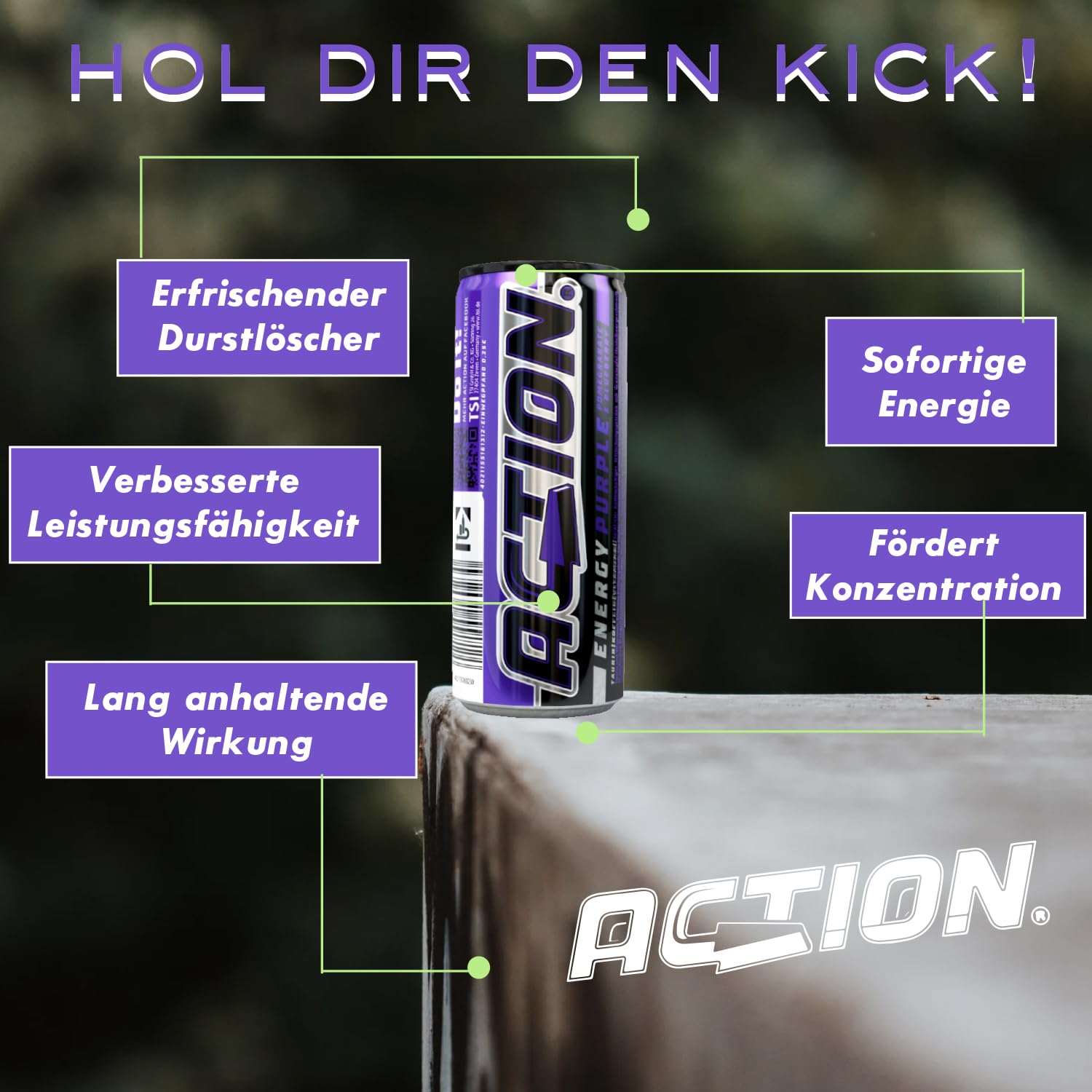 Action Energy Drink Purple (48 x 250 ml) incluye depósito – Refresco con sabor a granada y arándanos – patata energética con mayor contenido de cafeína 32 mg/100 ml cafeína rendimiento mejorado