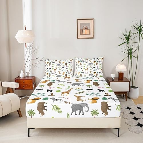 Miniatura 6 de Erosebridal Juego de sábanas de león, cebra, elefante, cocodrilo, jirafa, para niños y adolescentes, Orangutang Cobra Rinoceronte, sábana bajera
