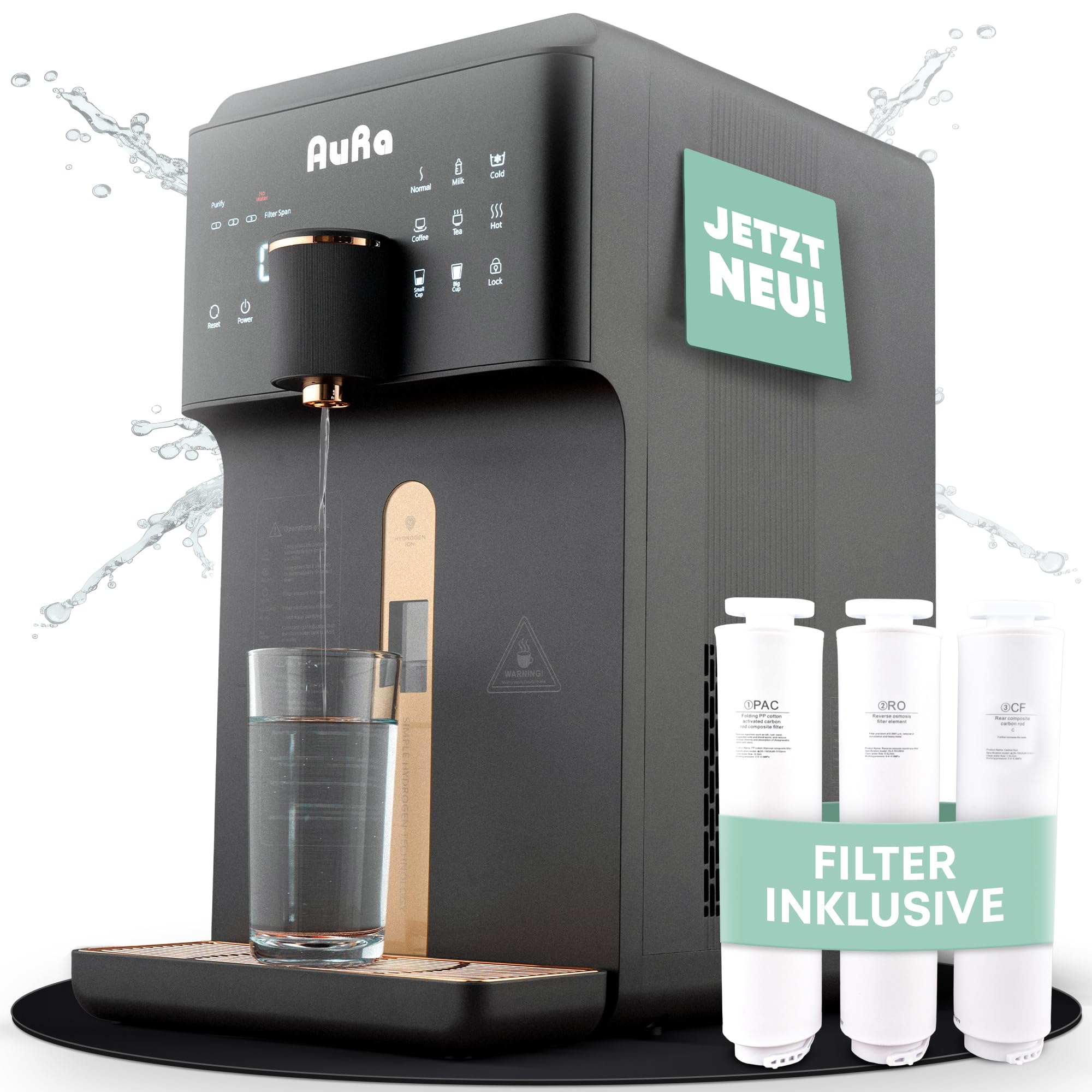 AuRa Osmoseanlage Trinkwasser [Ohne Tank] - Platzsparender Wasserfilter für reines Wasser, Heißwasserspender, Wasserstoff-Wasser Spender, Umkehrosmoseanlage, Osmose-Wasserspender für Zuhause