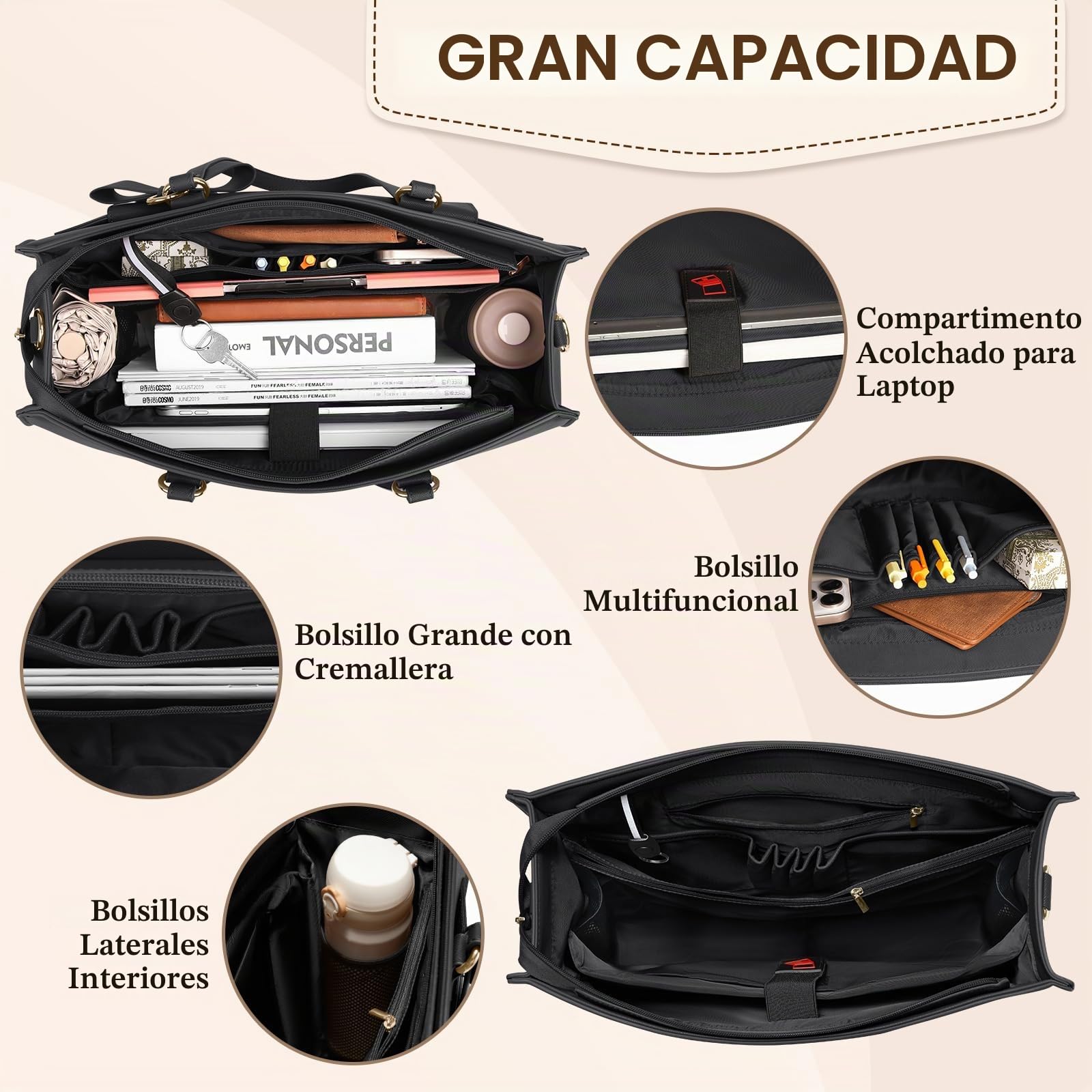 RAINSMORE Bolso Mujer Grande con Clutch Bolsos Universidad Bolso Ordenador Portatil 15.6 Pulgadas Bolsa Trabajo Bolsos Shopper Impermeable