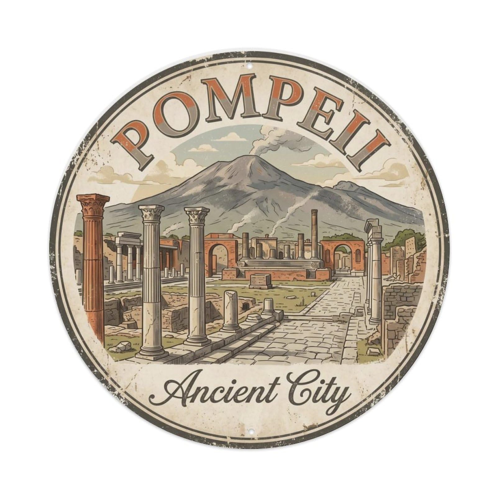 Vintage Travel Pompeii Roman Ruins Metal Tin Sign Plaque Wall Decor for Cafe, Club, Garden Round Metal Poster 8x8Inch