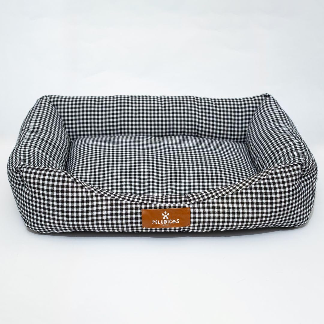 Cama Negra para Perro y Mascota – Diseño Vichy – 70% Algodón y 30% Poliéster – 3 Tallas S, M y L – Cama Cómoda para Perros