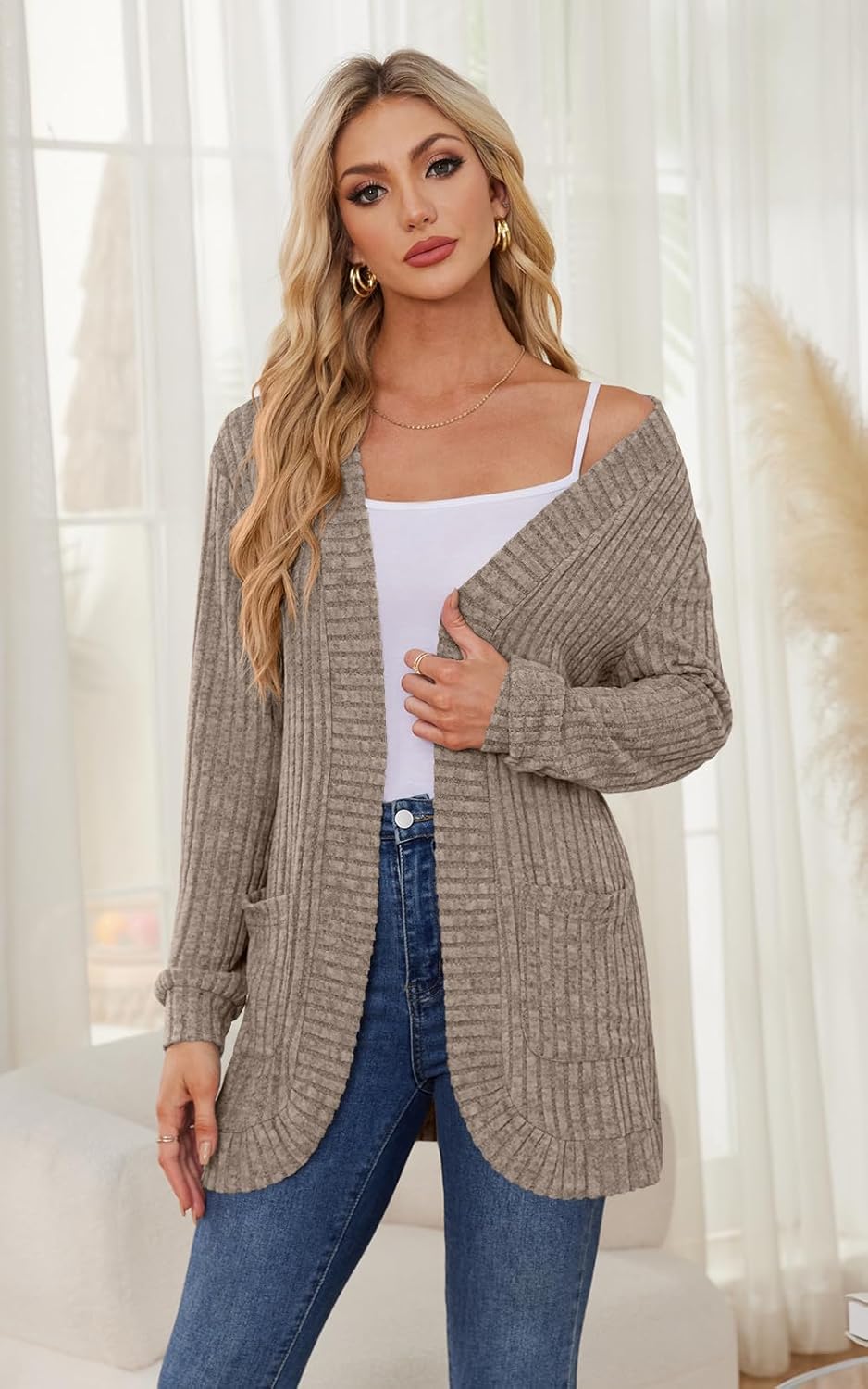 DB MOON Womens Long Cardigan Lightweight Sweater Open Front Long Sleeve Outfits with Pockets - Image 3