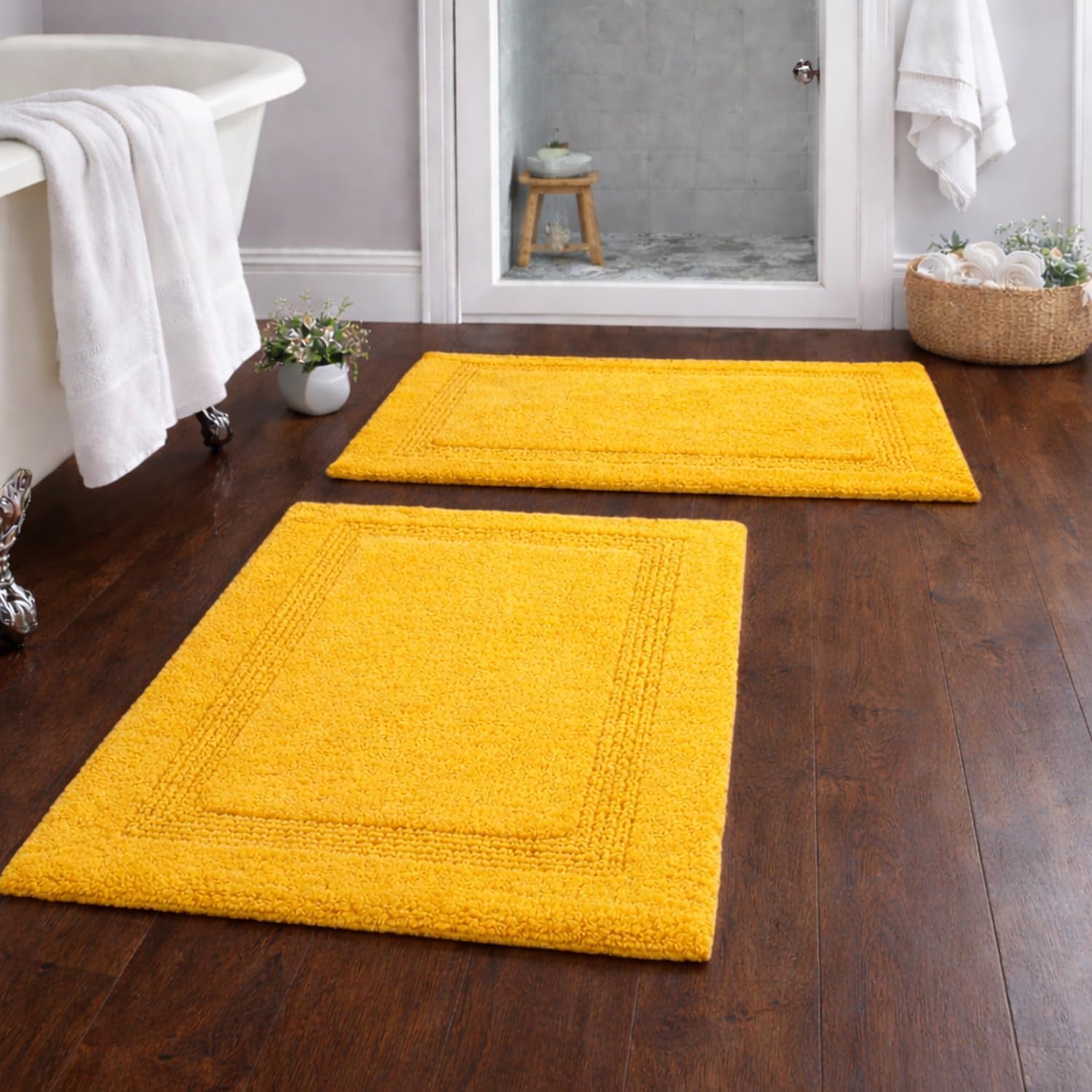 C23 Yellow Bathroom Rug 2200 GSM Set of 2-20"x32"/16"x24"|100% Tufted Cotton Thick & Plush Bath Mat|Luxury, Ultra-Absorbent, Quick Dry, Non-Slip Natural Latex Back, Machine Washable Bath Rug