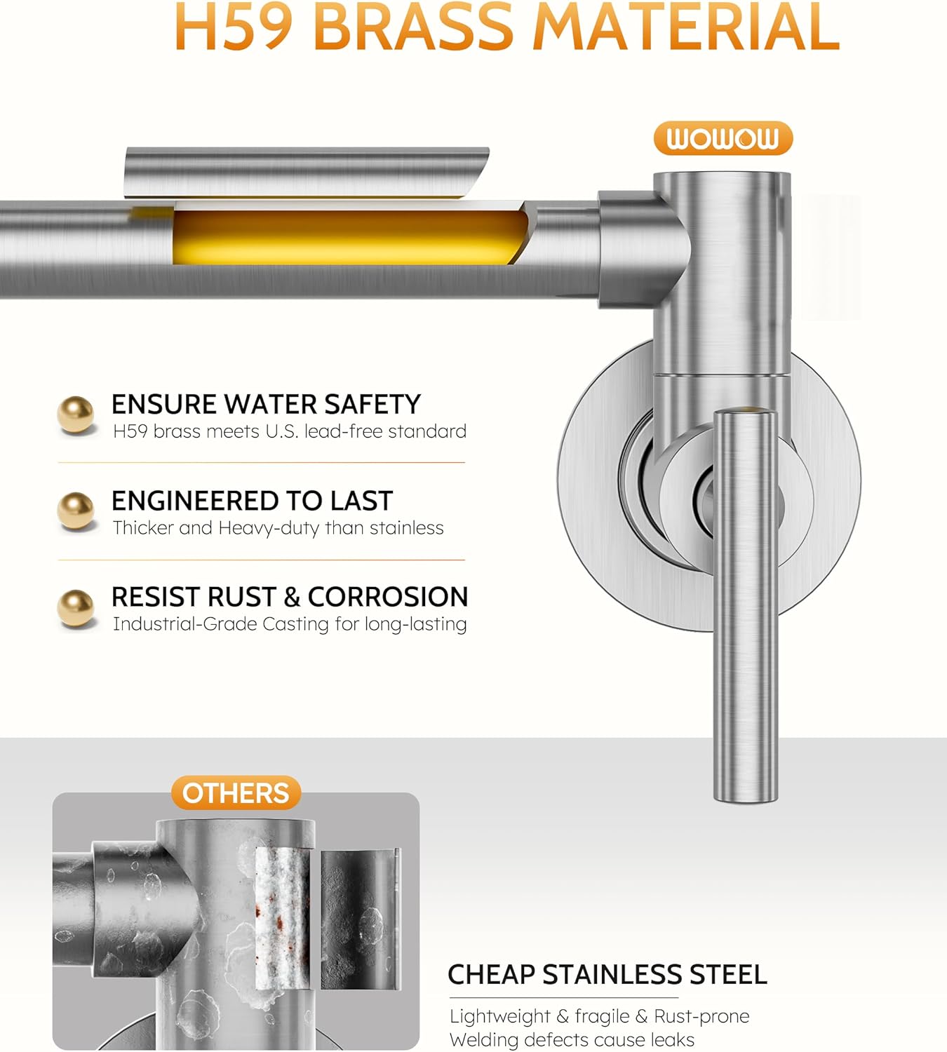 WOWOW Pot Filler Faucet Brushed Nickel, Brass Pot Filler Wall Mount Kitchen Stove Faucet with Double Joint Swing Arms - Image 5