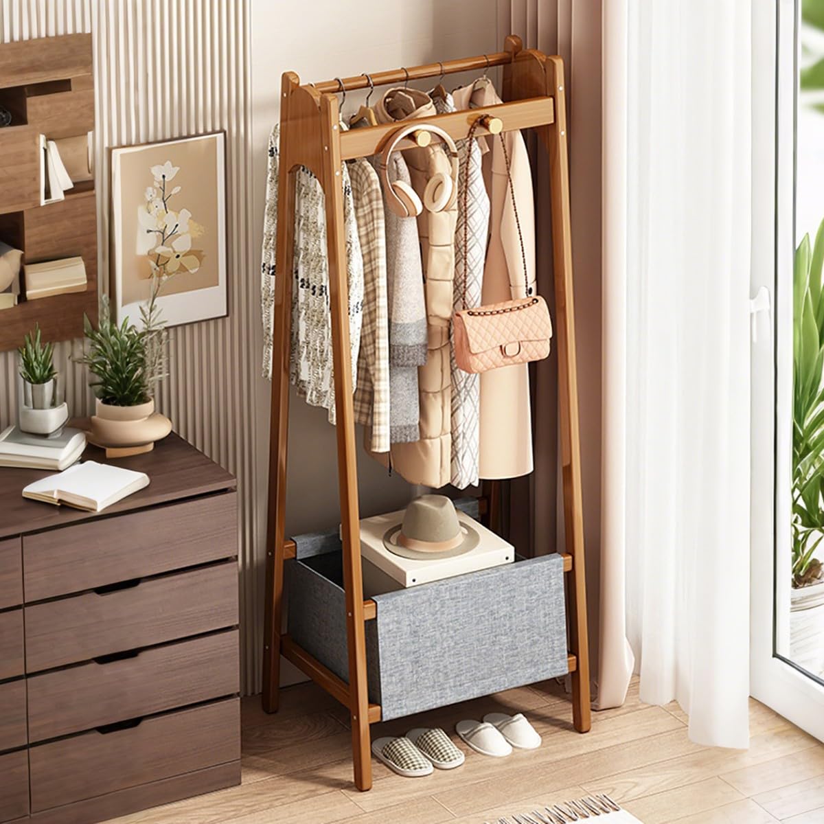 Mrmrmnr B Natural Amboo Coat Rack Stand Floor Standing Cloak Rack Simple Modern Clothes Rack Storage Asket Shelf Hanging Rail With Hooks For Hallway Entryway Edroom Athroom Office