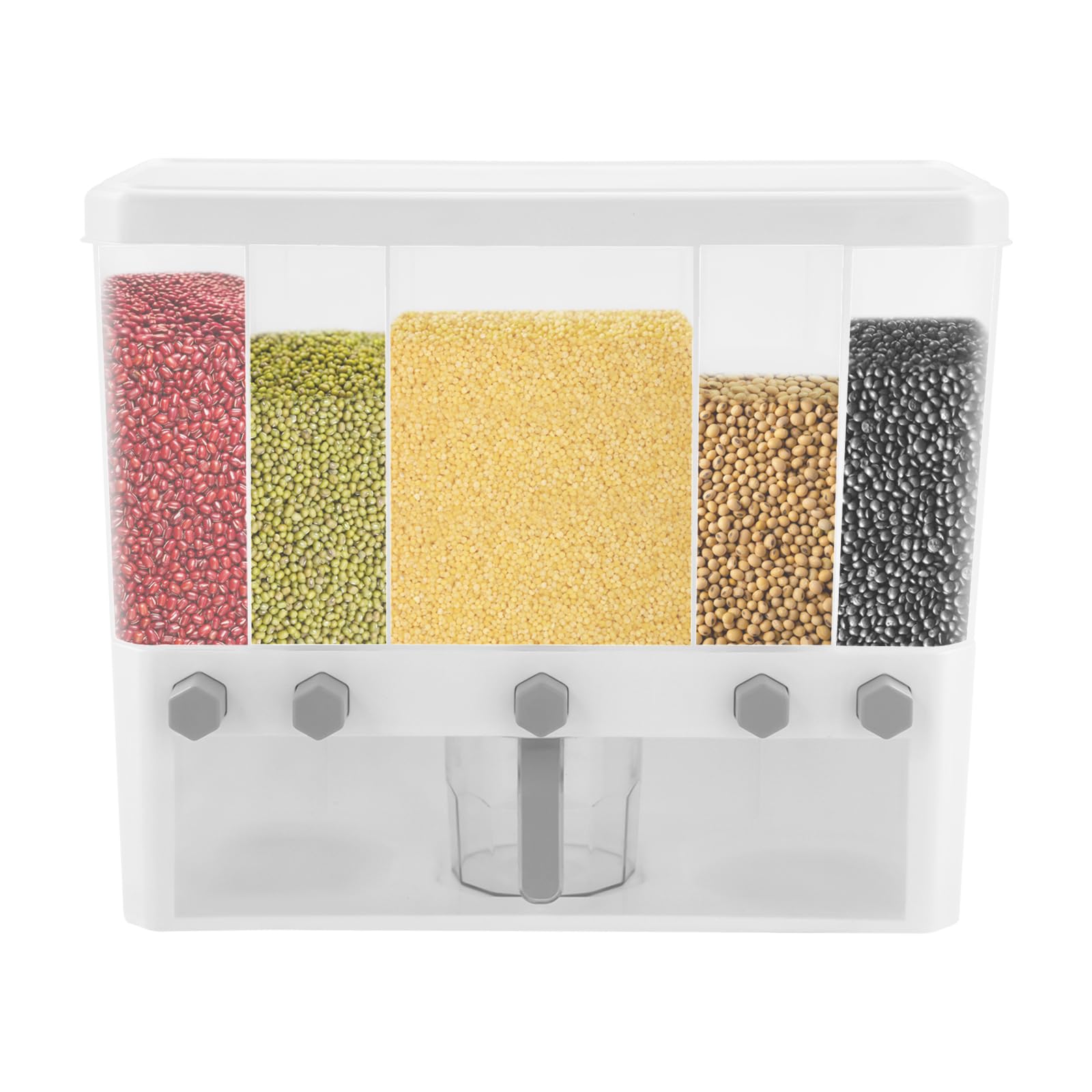 Contenitore per riso con 5 scomparti, 42 x 19,5 x 35,2 cm, impilabile, dispenser per cereali, 15 kg, con misurino, contenitore per riso, pasta, avena, fagioli e cereali, trasparente