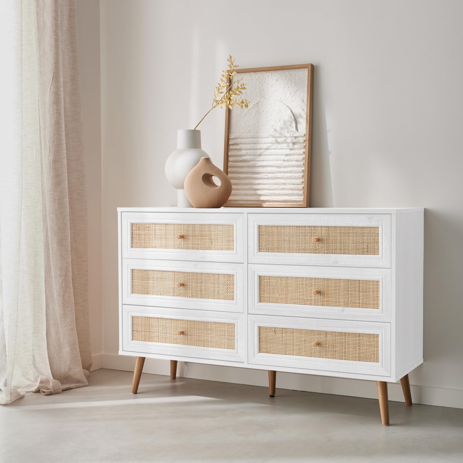 sweeek - Commode décor Bois et cannage 6 tiroirs Bohème. Blanc - 120x39x79cm