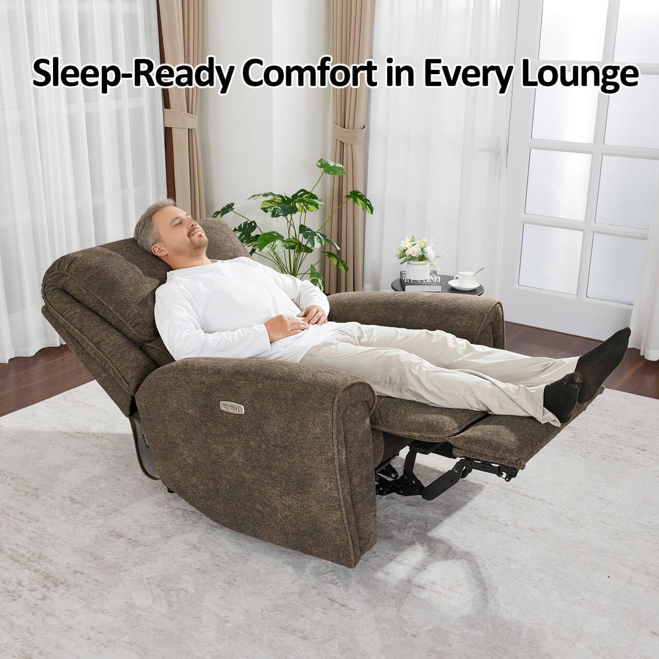 MCombo Oversized Power Recliner Chair for Big and Tall People, Heavy Duty Power Recliners 400lbs, USB & Type C Charge Ports, for Living Room, Office, Fabric OE675 (Brown)