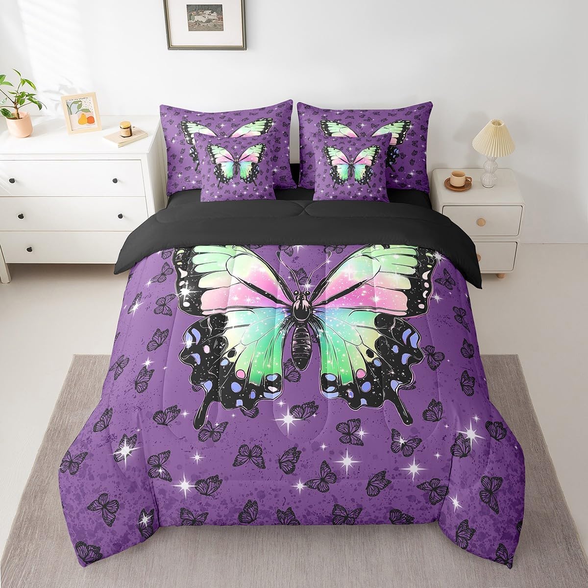 Erosebridal Butterfly 7 Piece Comforter Set Twin Bed in a Bag,Purple Butterflies Bedding Set for Teen Girls Women Kids,Glitter Stars Sheets,Girly Ombre Rainbow Moth Bed Set,Wildlife Lavender Quilt
