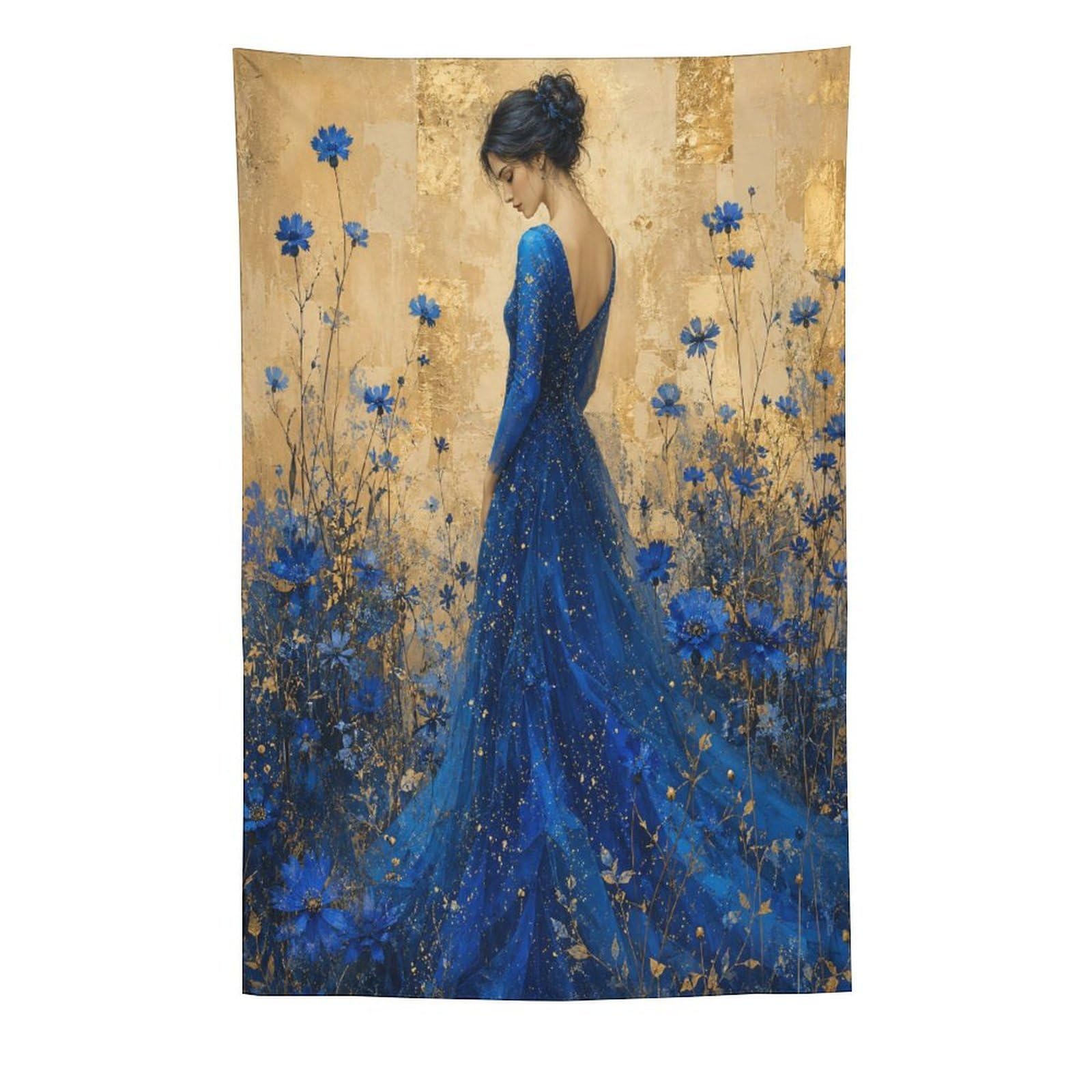 H3B8U2Y5 Blue Dress Woman Flower Field Wall Tapestry, Impressionist Meadow