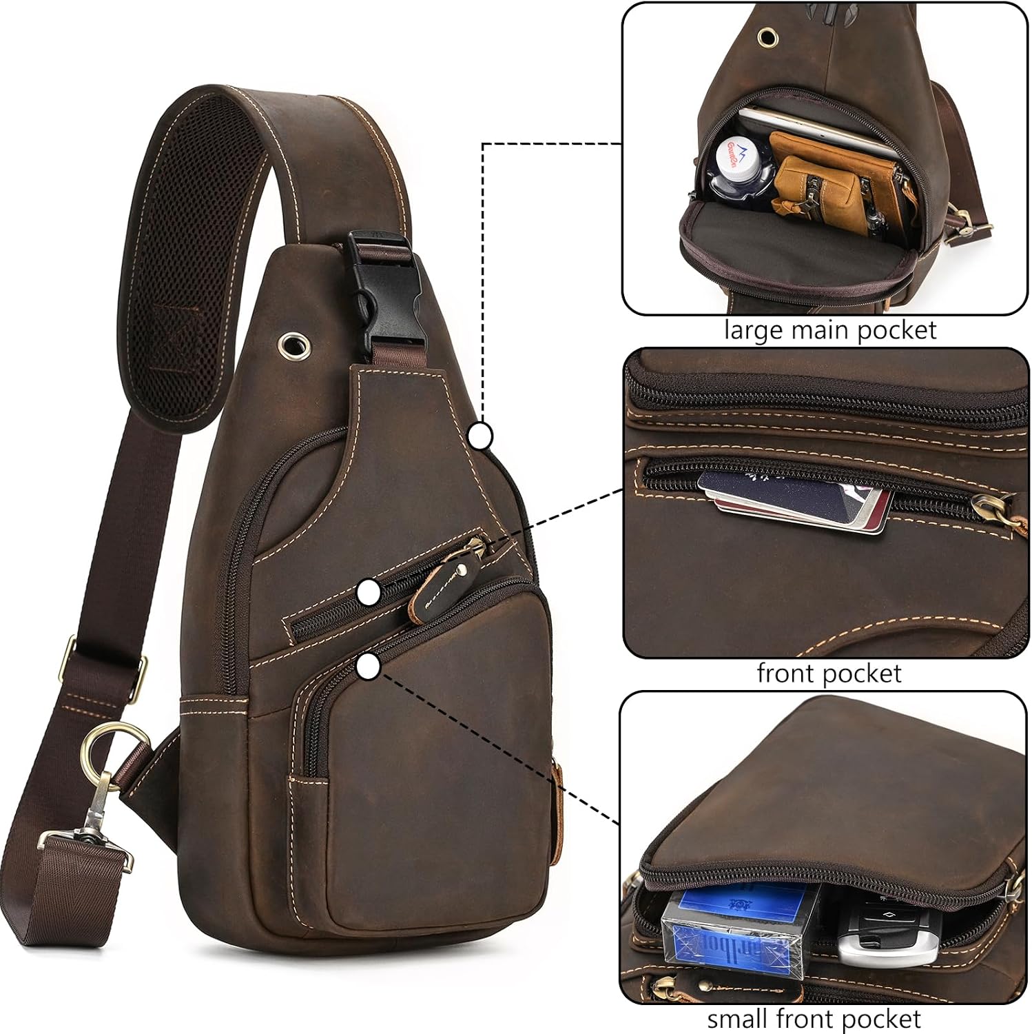 Men Leather Chest Bag Sling Bag Shoulder Bag Leather Crossbody Bag for Men