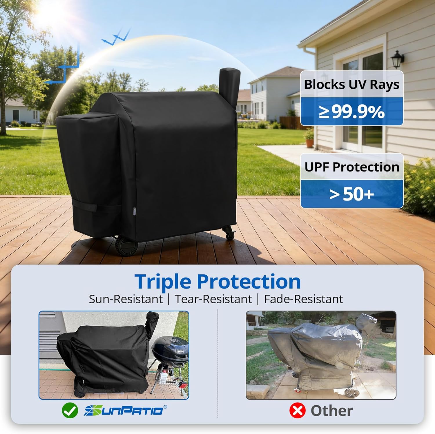 SunPatio Outdoor Heavy Duty Waterproof Grill Cover Compatible with Traeger 34 Series Wood Pellet Grill and Smoker, Texas and More, Full Length Barbecue Cover, All Weather Protection, Black