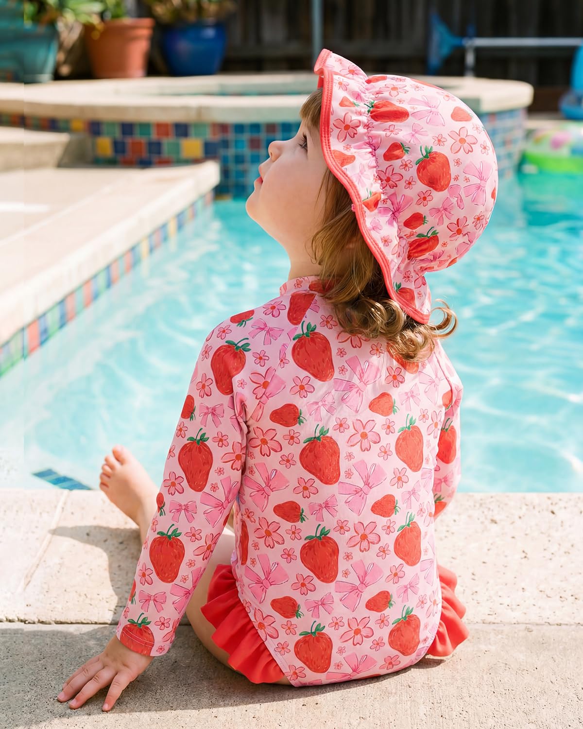 JiAmy Costume da bagno per bambina, con cappello da sole, a maniche lunghe, protezione UV, costume da bagno