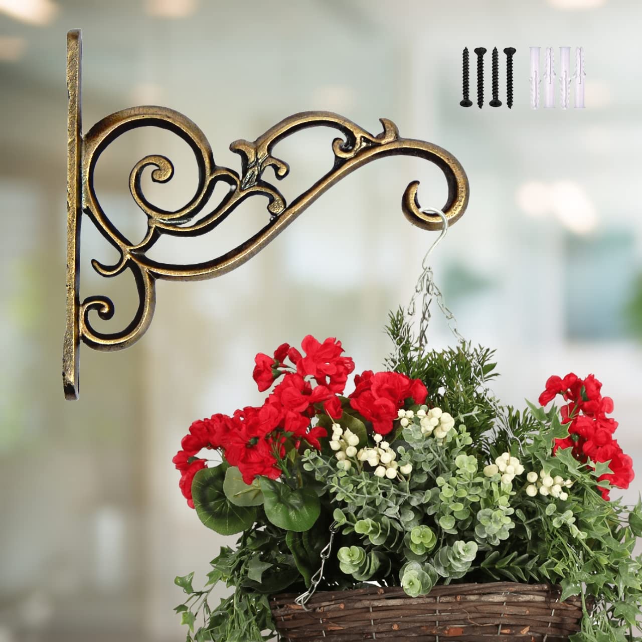 ecofynd 1 Pack Metal Wall Hook Hanging Plant Bracket | Decorative Straight Plant Hanger for Pots, Bird Feeders, Planters, Lanterns, Cotton, Wind Chimes Indoor Outdoor, Brass Antique-image-33