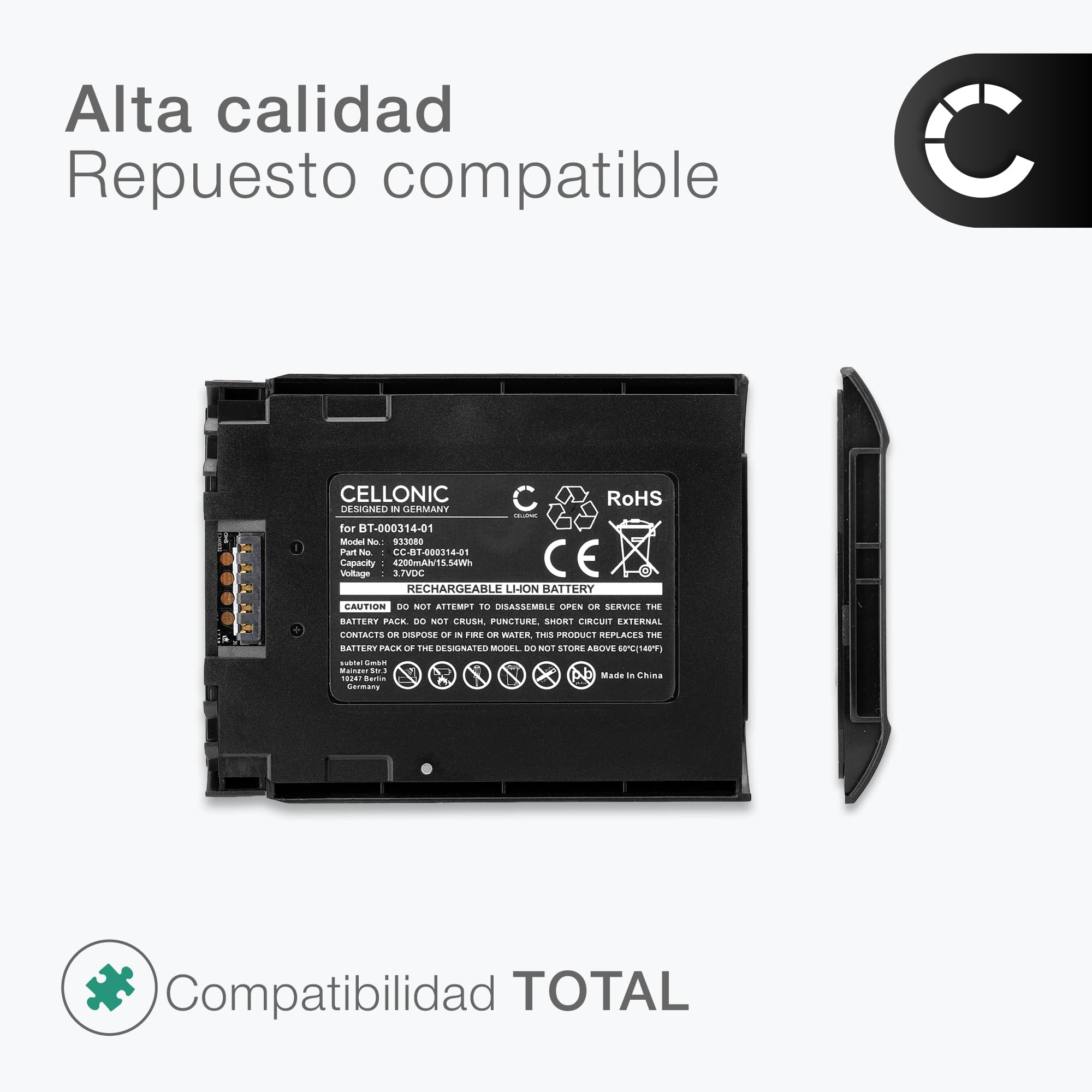 CELLONIC 1x Batería Compatible con Zebra BT-000314-01, TC57, TC56 | 1x, (4200mAh-3.7V-Ion de litio), Escáner códigos de barras Batería, para Zebra BTRY-TC51-43MA1-01, TC52, BT-000314A, TC51