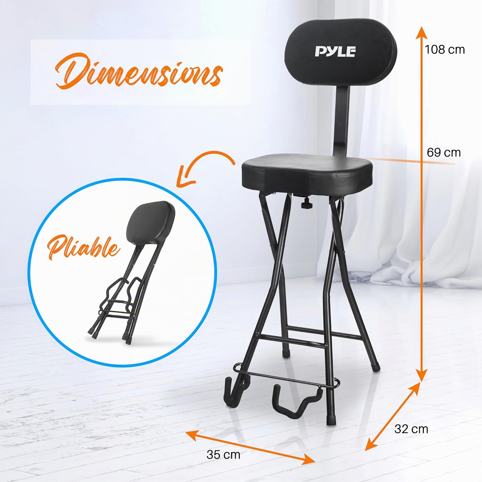 Pyle Tabouret Guitariste - Dossier Ergonomique Résistant avec Support Pliable, Repose-Pieds, Design Pliant, Supporte Les Guitares Acoustiques, Électriques et Basses, Capacité Maximale de 136 kg