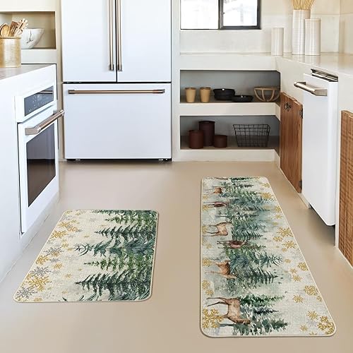 Miniatura 2 de Artoid Mode Juego de 2 tapetes de cocina de Navidad con árboles de Navidad, ciervos, copos de nieve, decoración del hogar, alfombras de cocina de