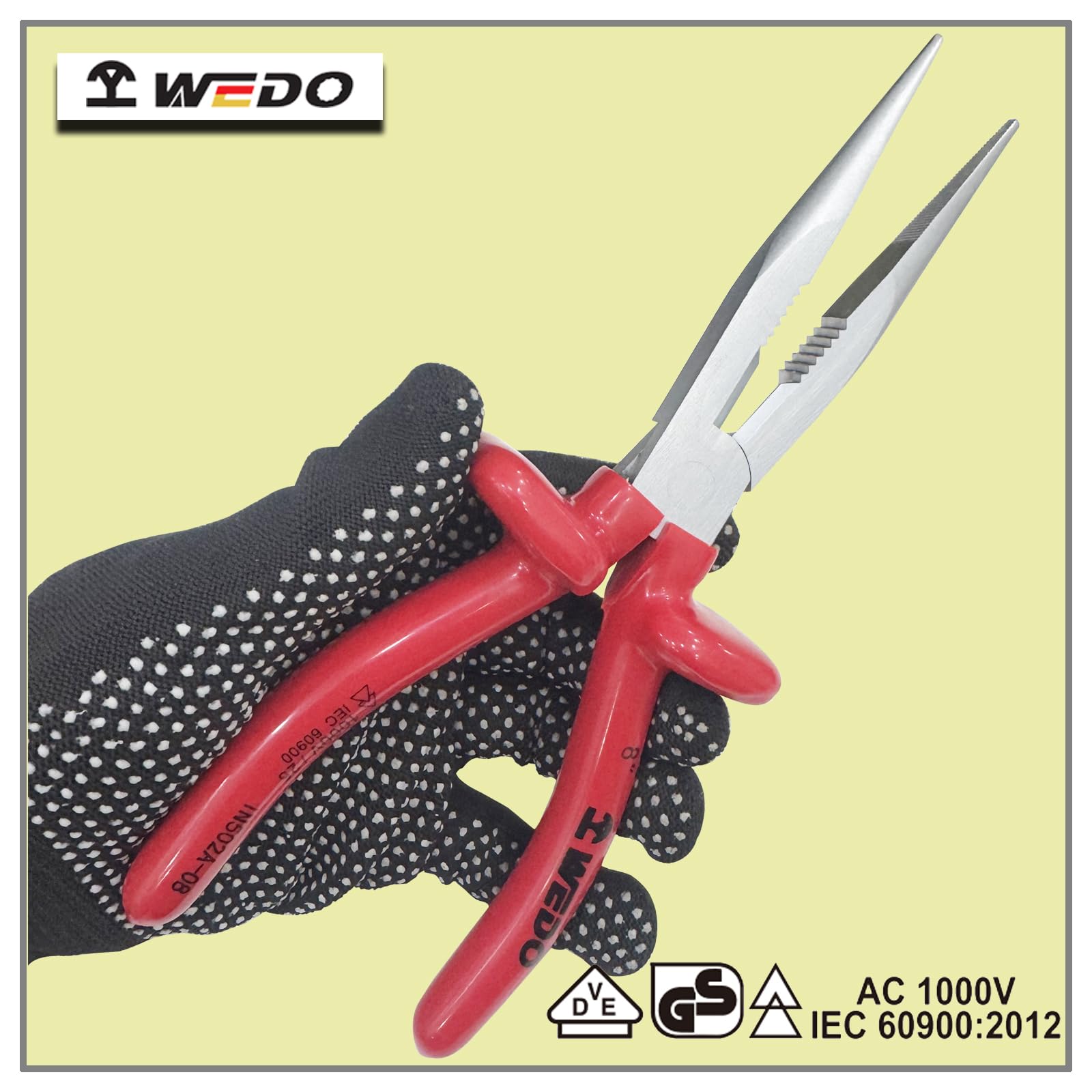 WEDO Juego de 3 alicates aislados, cortadores laterales de 6 pulgadas, alicates combinados de 8 pulgadas, alicates de punta de aguja de 8 pulgadas, acero al cromo vanadio, dureza de mandíbula