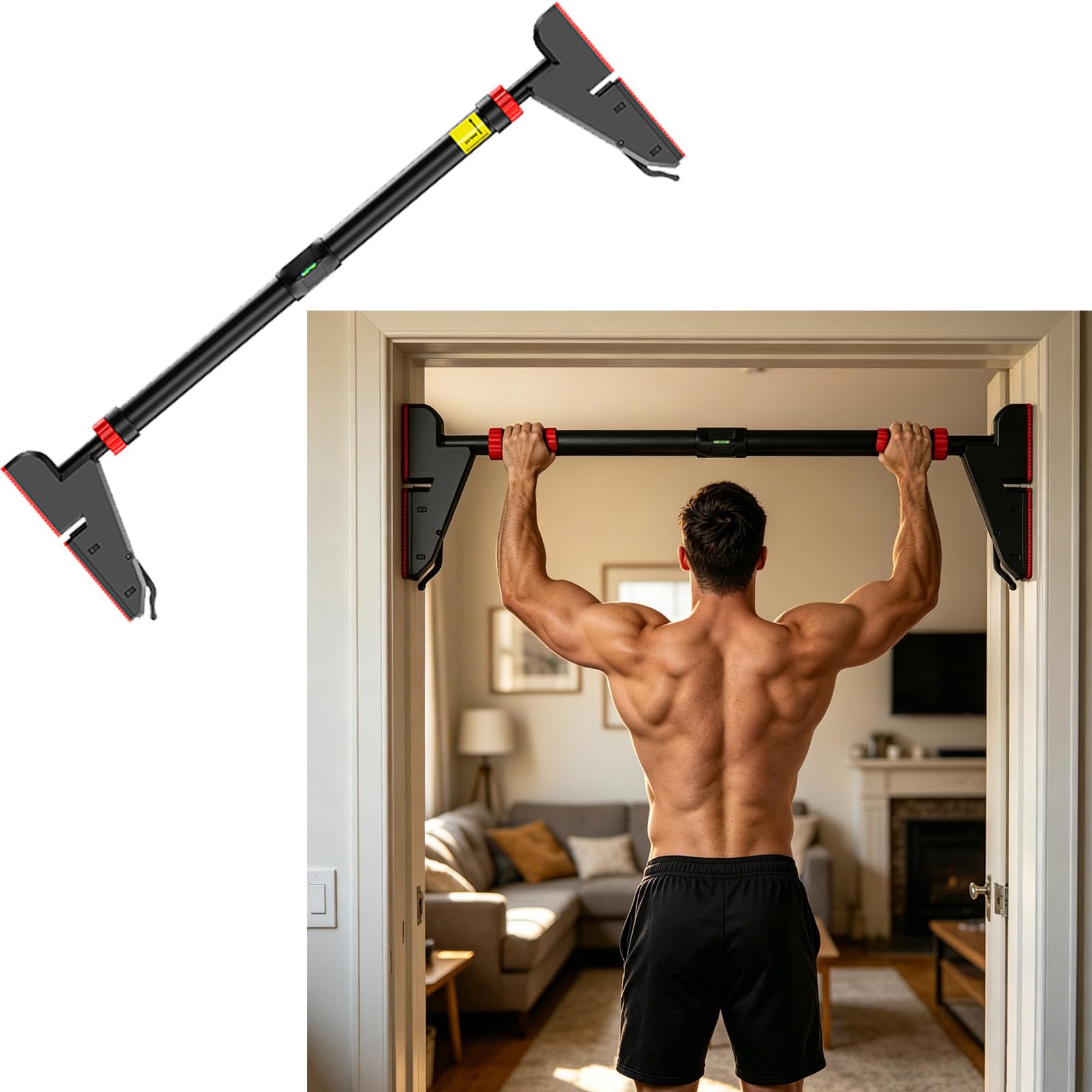 Klimmzugstange Türrahmen Ohne Schrauben, 200KG Tragkraft, Drehbares Zahnradschloss, Verstellbar 75-94CM, Rutschfestem, Pull Up Bar für Oberkörper Training Heimfitness