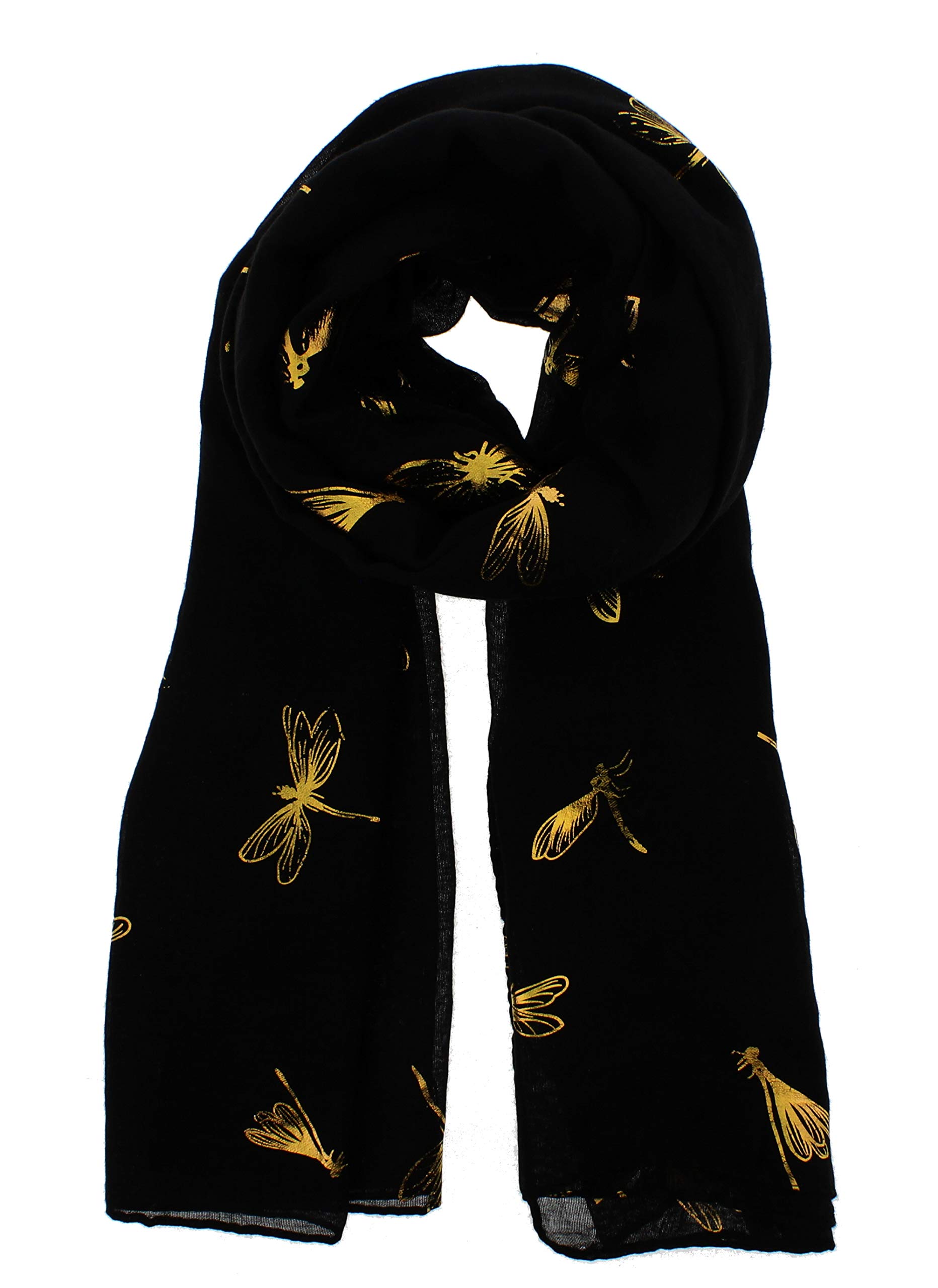 Zac's Alter Ego Women's Black Scarf With Gold Foil Metallic Glitter Dragonfly Print
