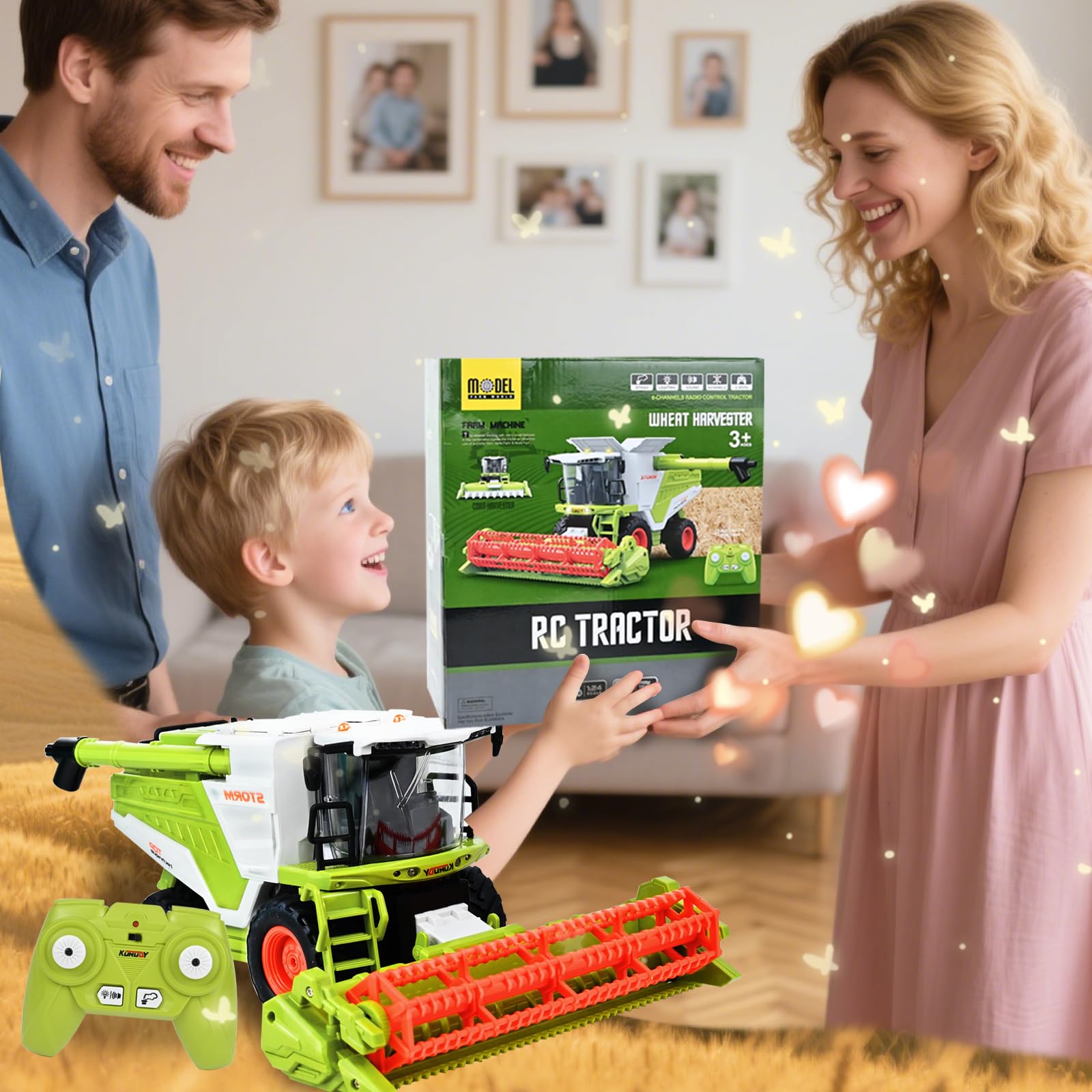 Joellfuner Mietitrebbia Telecomandata, RC Trattore Telecomandato, Mietitrice con Funzione Luce Suono e Spray, Trattore Agricolo Include Rimorchio, Giocattoli da Collezione per Bambini dai 3 Anni