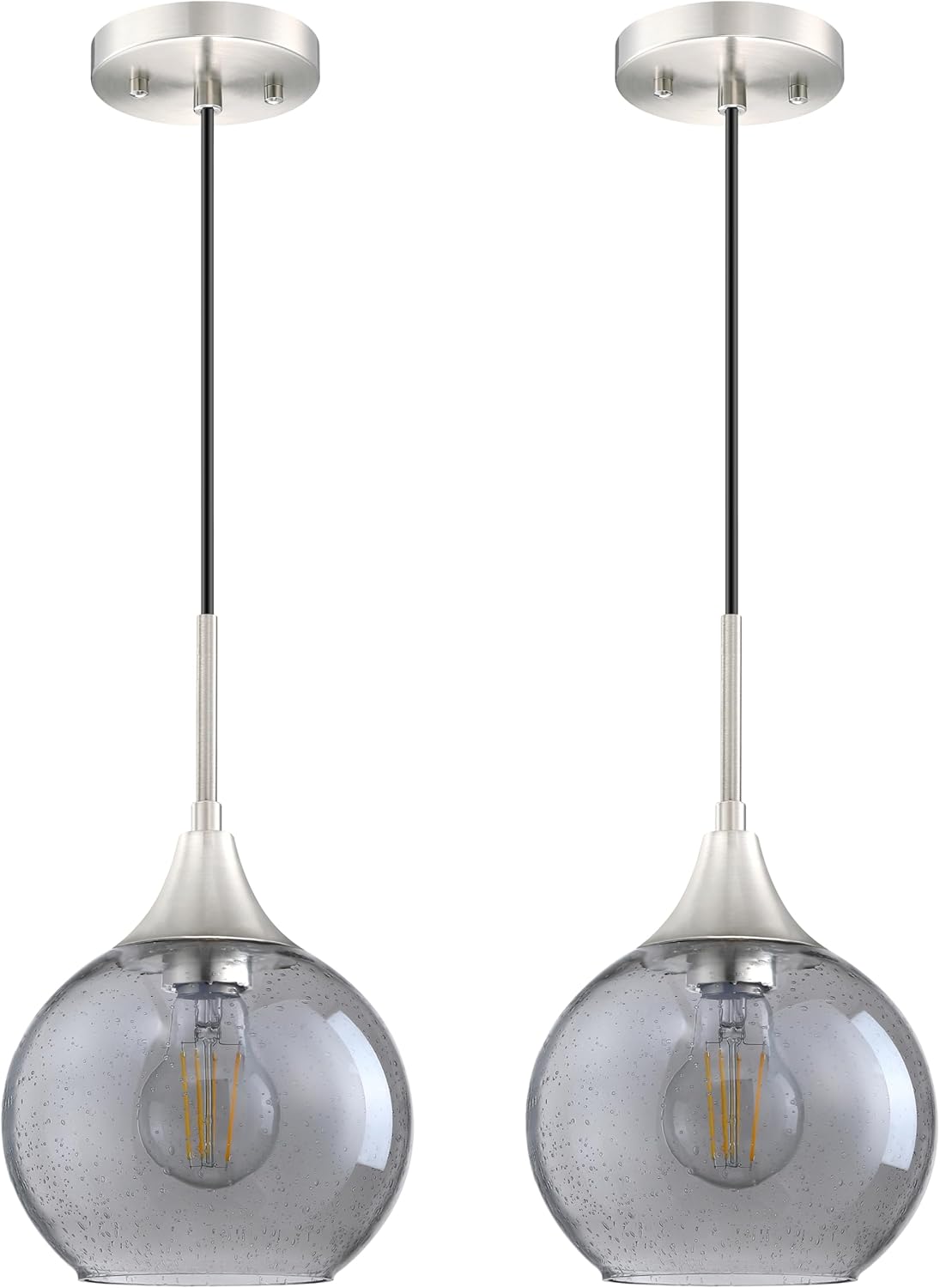2 Pack 1 Light Indoor Hanging Kitchen Island Pendant Ceiling Light 6.7" Grey Seeded Glass Shade Fixture,Brushed Nickel Finish for Bar,Dining Room,Over Sink Bedside