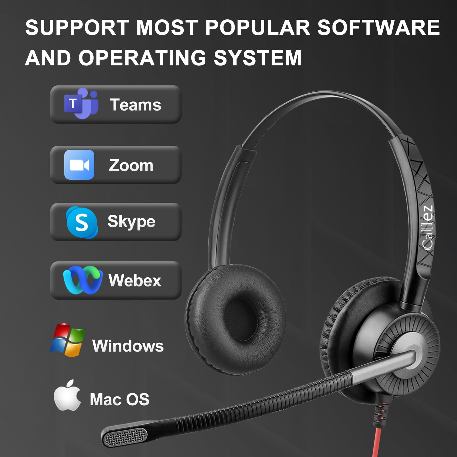 Auriculares USB con Doble Micrófono ENC Cancelación de Ruido para Ordenador | Estéreo Cascos PC con Botón Teams para Teams Zoom Skype, Videoconferencia Teletrabajo, Oficina Call Center