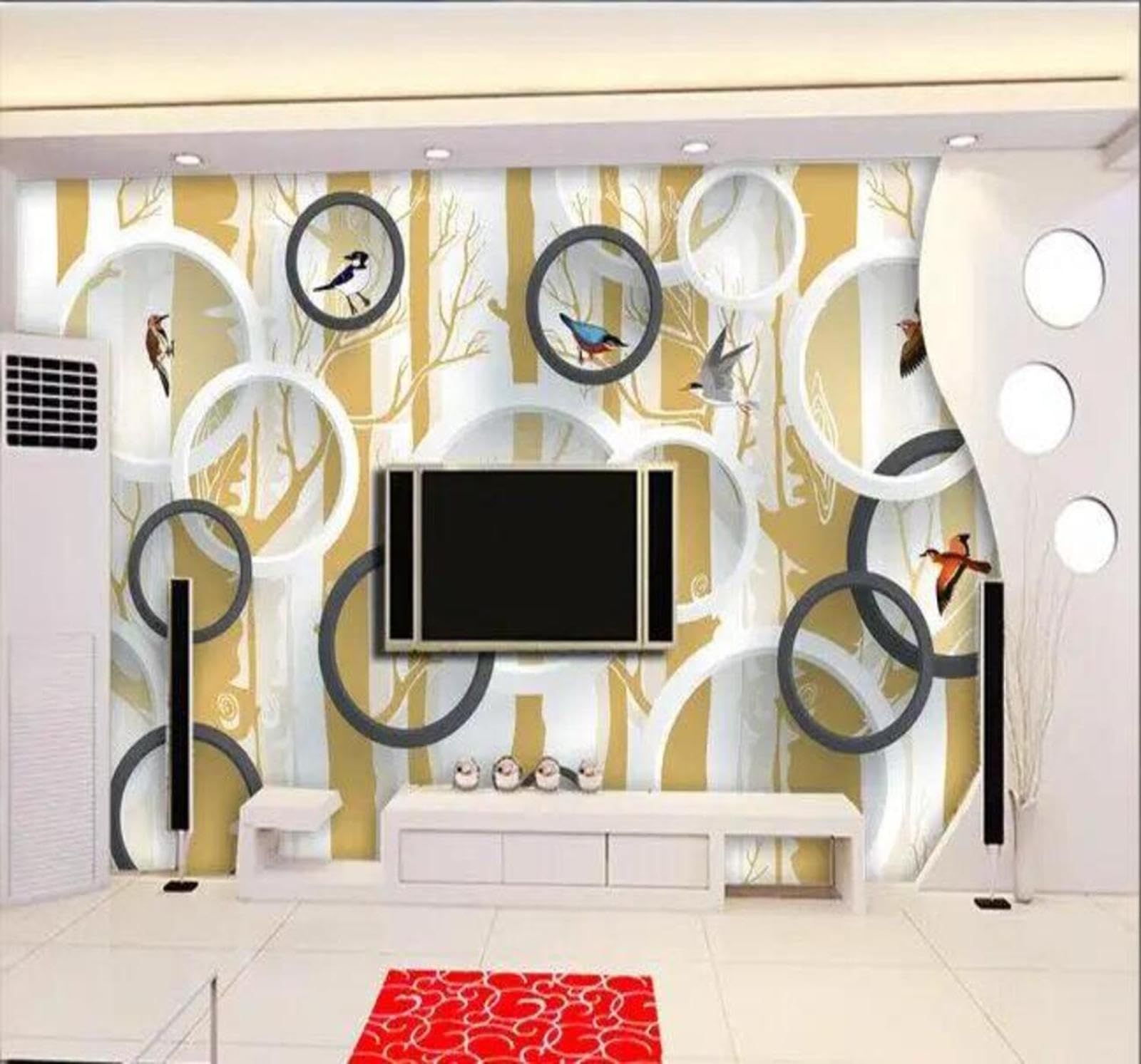 Wallpaper-3D-Xlm 300Cm×210Cm(B×H) Creative Geometric Circles Forest Birds 3D Wallpaper Easy Install Feature Office Living Room Sofa Bedroom Tv Background Wall Decoration-300Cm×210Cm