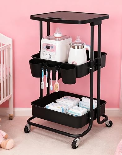 Miniatura 9 de Carrito de cocina de almacenamiento de 3 niveles con mesa, marco de metal blanco con cestas de plástico, carrito móvil funcional con ruedas,