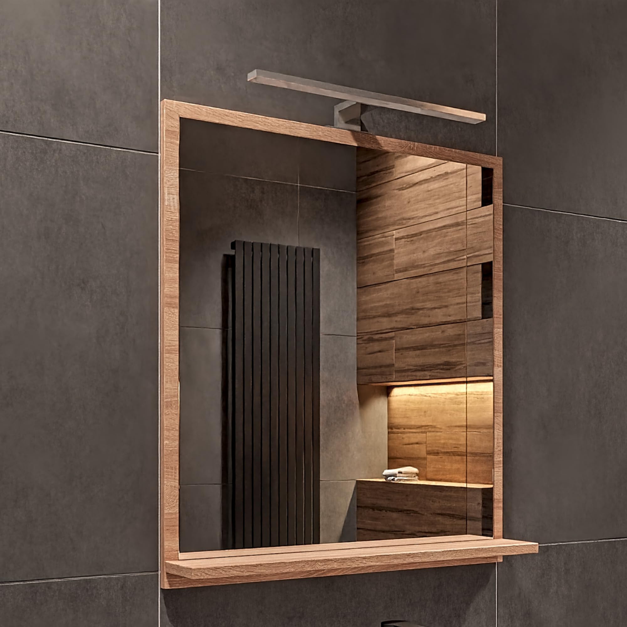 Specchio Bagno con Luce da Parete Sonoma A: 70 cm x L: 60cm con Mensola - Specchio da Bagno LED Retroilluminato con Ripiani, IP44 Impermeabile la Toilette Riflesso LED 4000 K