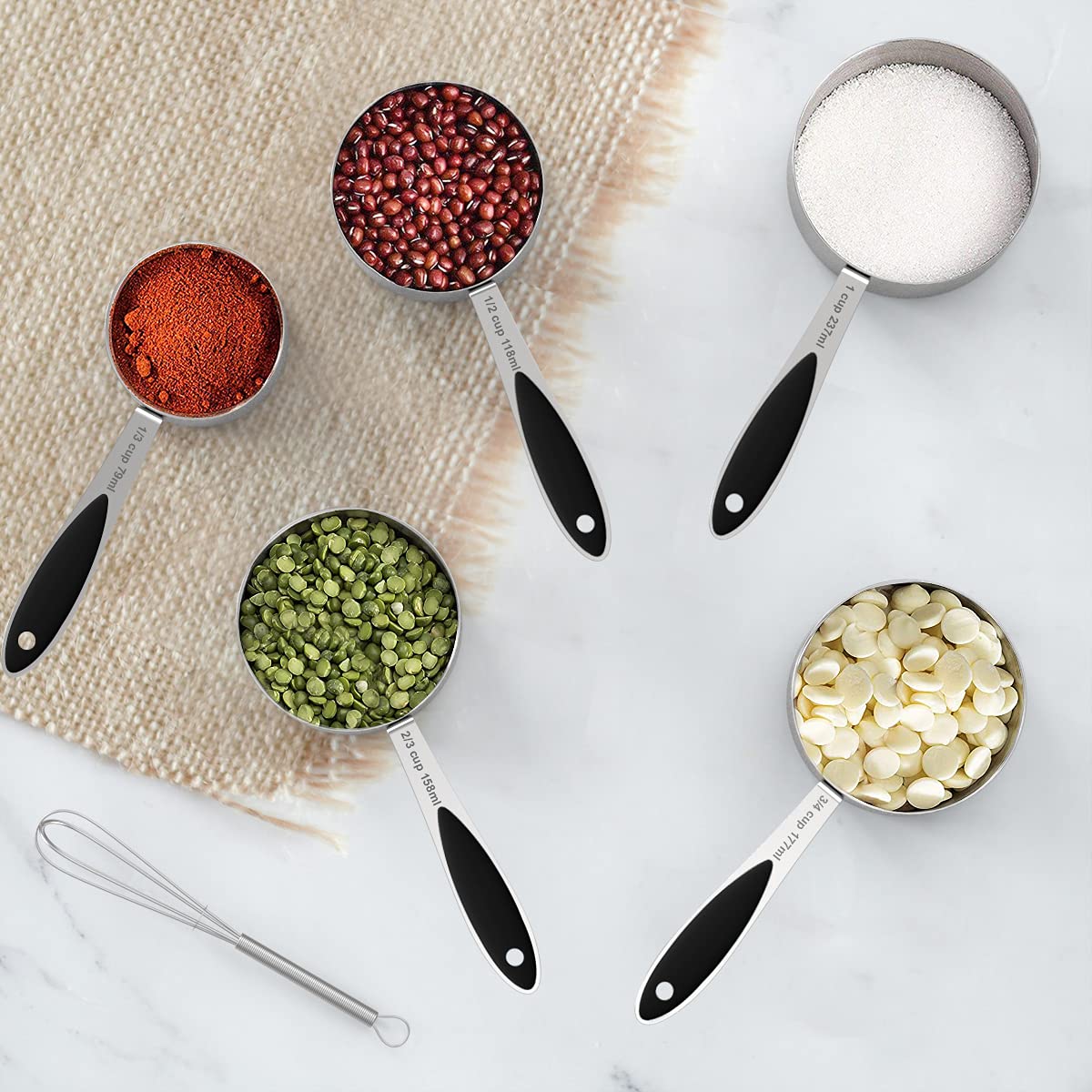 Juego de tazas y cucharas medidoras Wildone de acero inoxidable, 20 piezas, incluye 8 tazas medidoras negras, 10 cucharas medidoras, 1 nivelador y 1 batidor, para ingredientes secos y líquidos