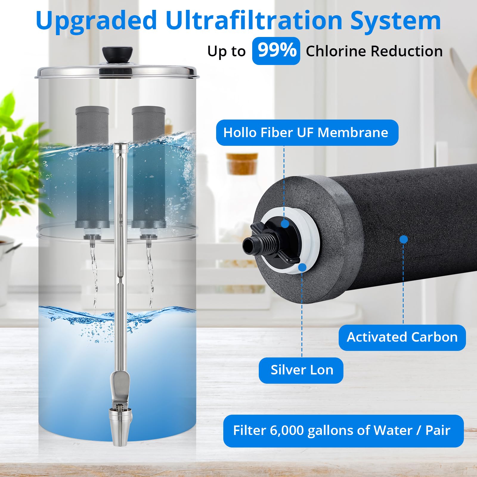 Gravity-fed Water Filter System, 2.25G Stainless-Steel Countertop Water Filter System with 2 Black Carbon Filters, Metal Water Level Spigot and Stand, for Home, Camping, RV, Emergencies