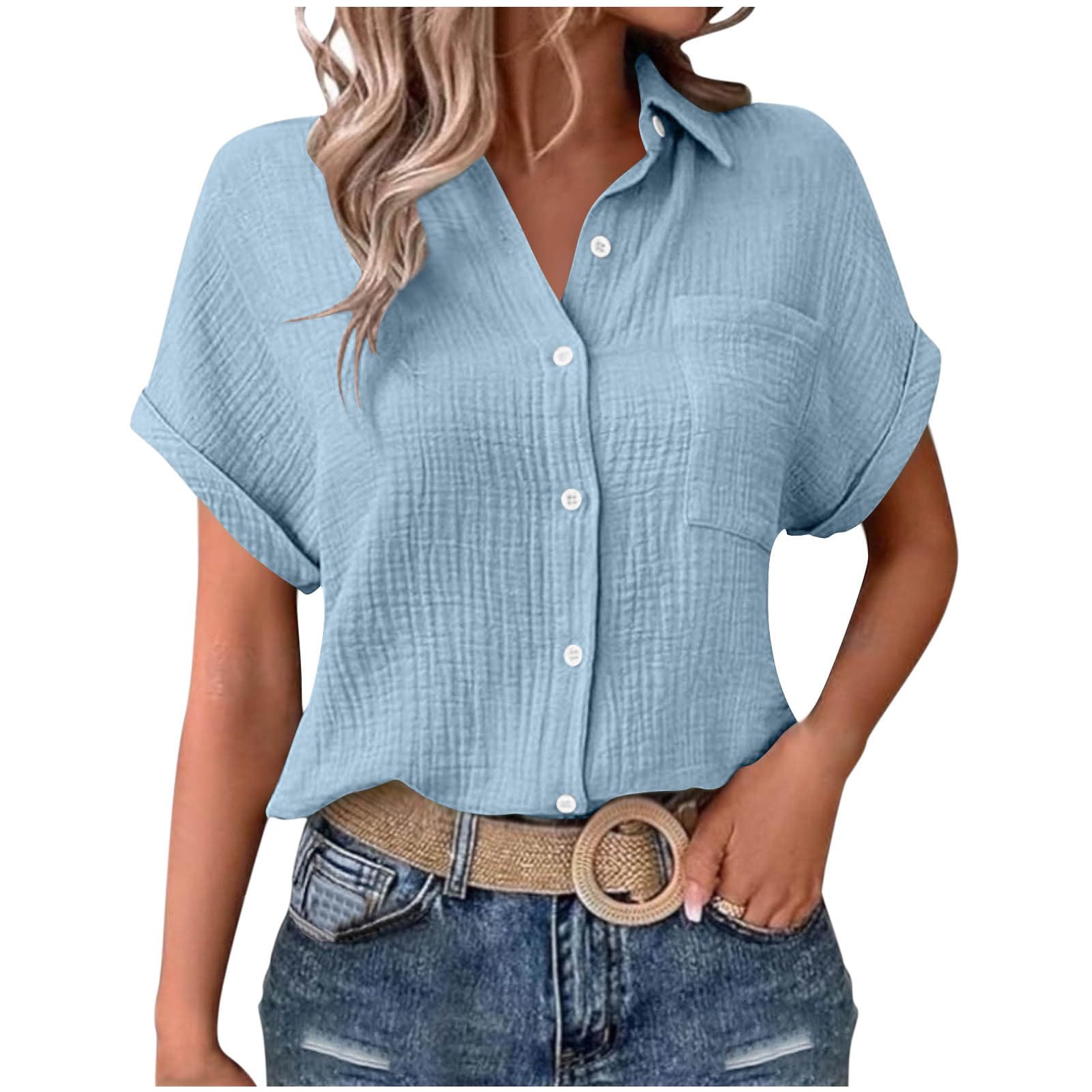AEGJEGVD Musselin Damen Blusen Elegant Shirt Kurze Ärmel Bluse Mit Kragen Knopfleiste Formelle Arbeitskleidung Lässige Hemden Leinenbluse Flowy Locker Blusen Atmungsaktive Sonnenschutz Oberteil