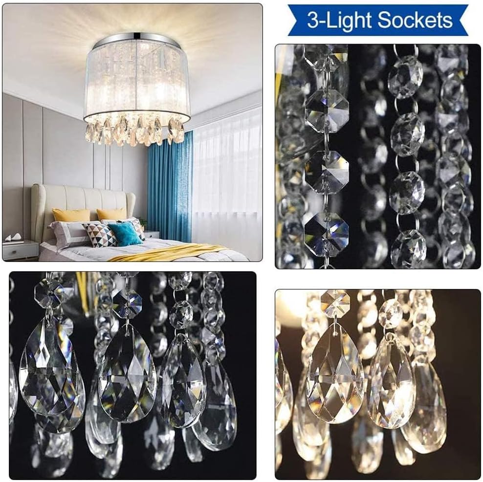 Depuley 3-Light Flush Mount Crystal Ceiling Light, 11 Inch Drum Crystal Chandelier with Cylinder Net Lamp Shade, Modern Raindrop Crystal Light Fixture for Entry, Bedroom, Hallway, Kitchen, E26 Base
