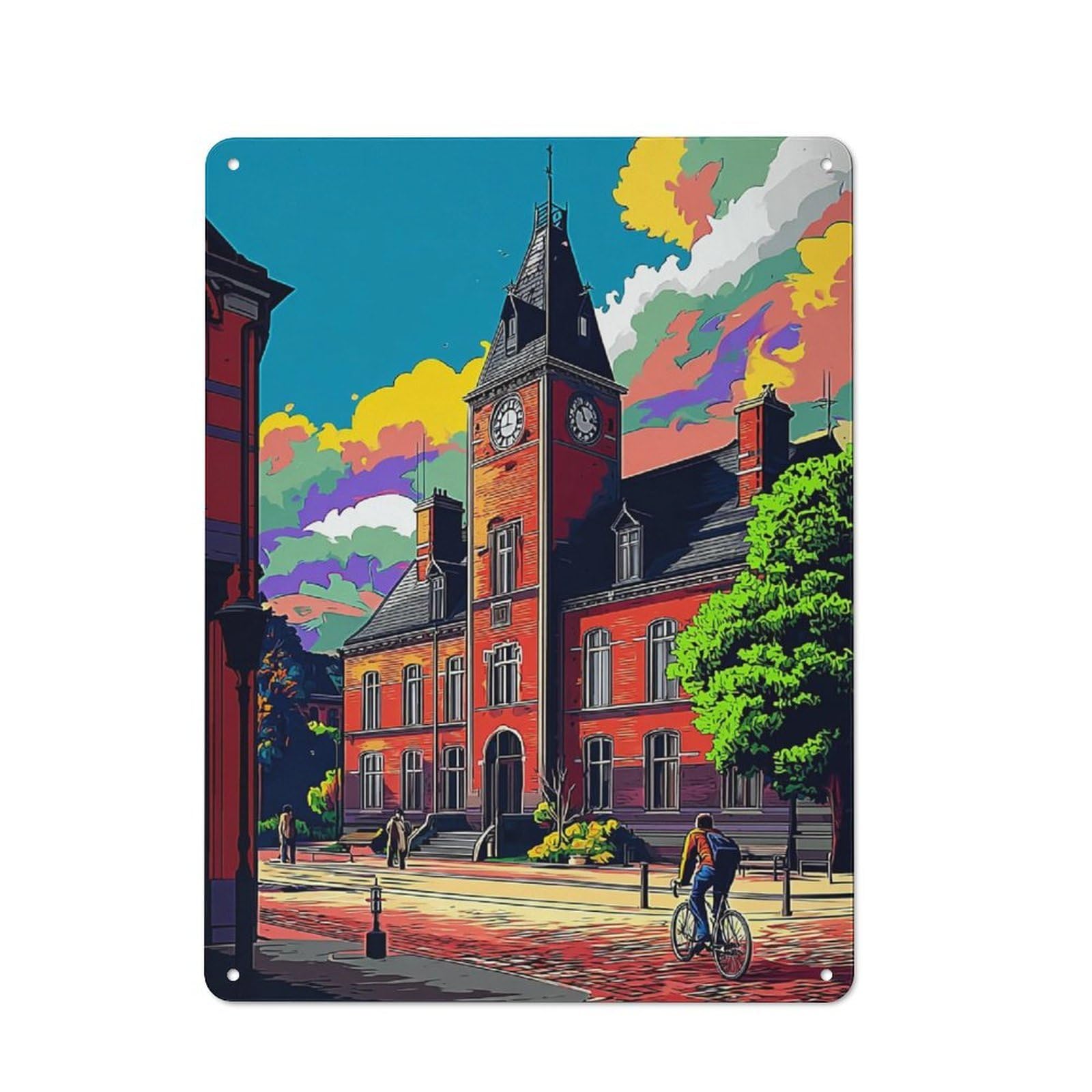 Junmoney Colorful Town Square With Clock Tower Smart Metal Wall Decor 40X30cm, Office Metal Sign For Office, Study, Studio Or Hallway