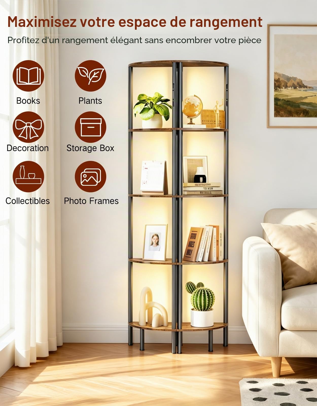 Lampadaire d’Angle LED avec Étagères 5 Niveaux, Commande Tactile et Télécommande, 3 Températures de Couleur, Intensité Réglable, pour Salon, Chambre ou Bureau
