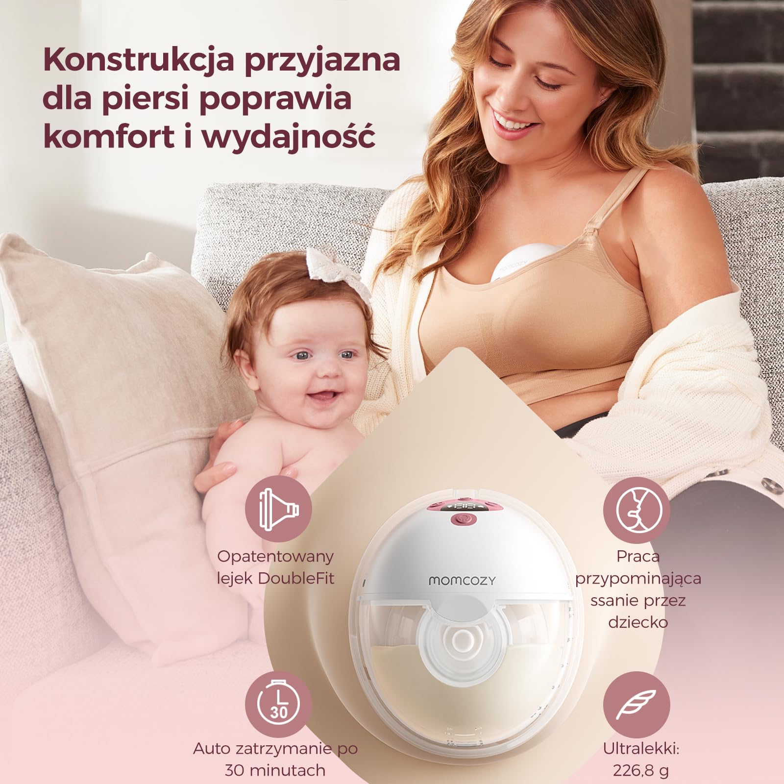 Momcozy M5 Smart Elektryczna Laktacja Bezprzewodowa, Sterowana Aplikacją, 3 Tryby 9 Poziomów SSania, 24 mm Końcówka (Szary, 1 szt.)