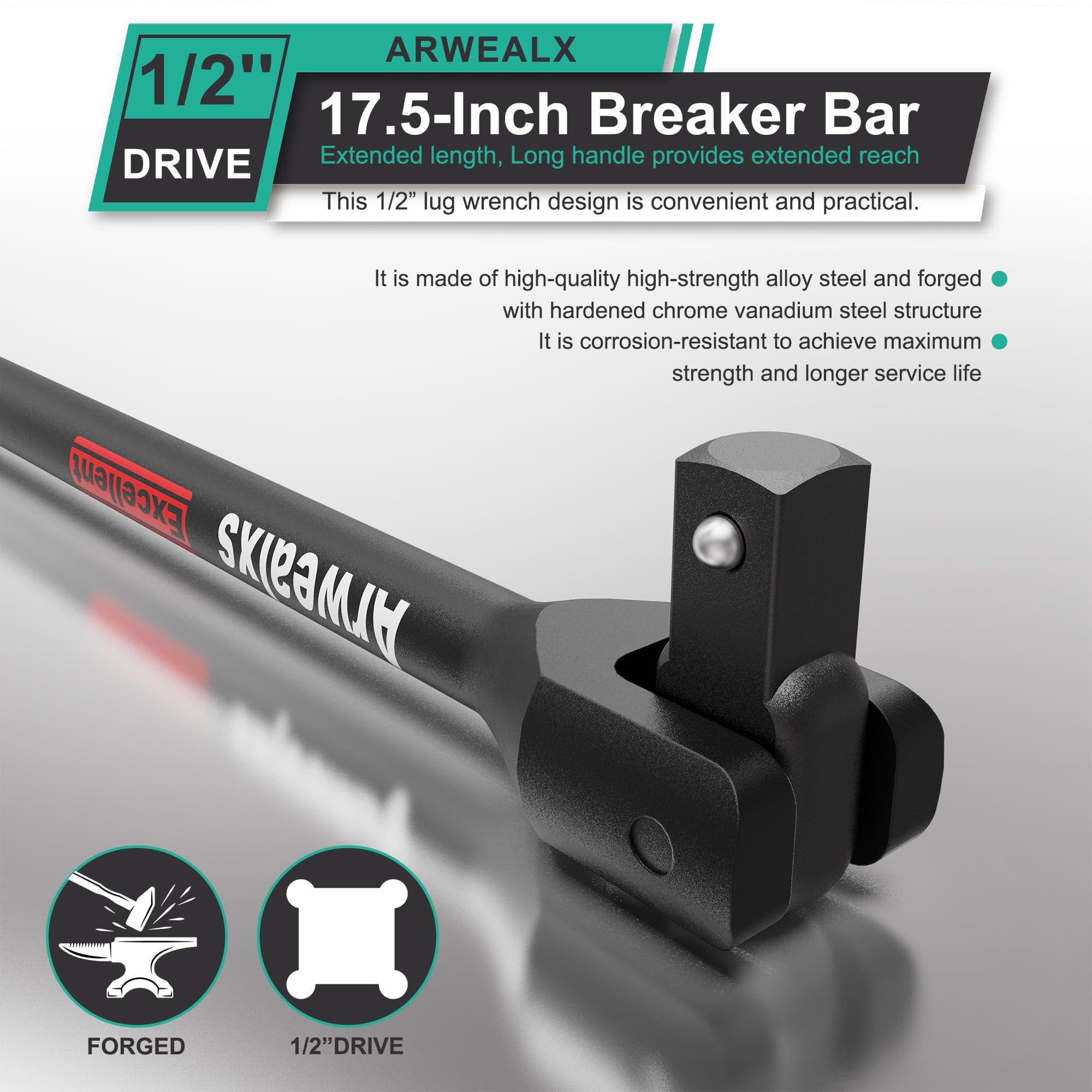 Arwealxs 1/2" Drive Breaker Bar, 44.5cm Heavy Duty Extension Breaker Bar, 180° Rotatable Head, Auto Repair, Mechanical Repair - Image 3