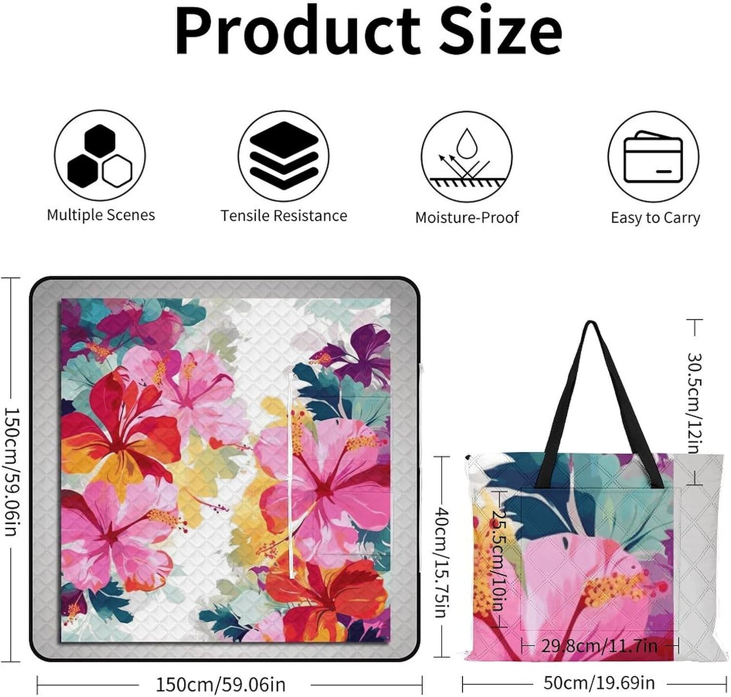 Hawaiian Flower Print Picnic Blanket with Zipper Water Resistant Sand Free Picnic Mat Washable Foldable Easy Carry Beach Blanket for Lawn Beach Hiking Camping