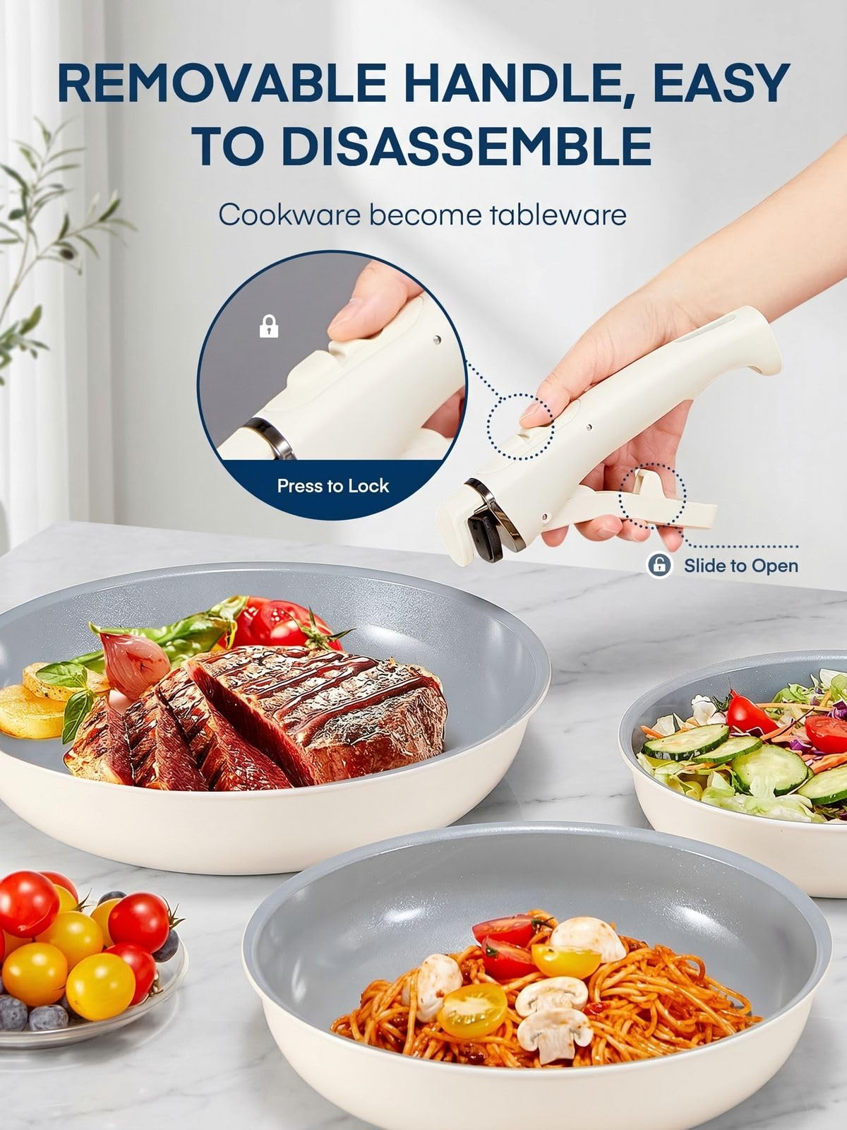 FOHERE 3 PCS Juego de Sartenes Antiadherentes con Mango Extraíble, Aluminio | Recubrimiento Cerámico Sartenes Inducción