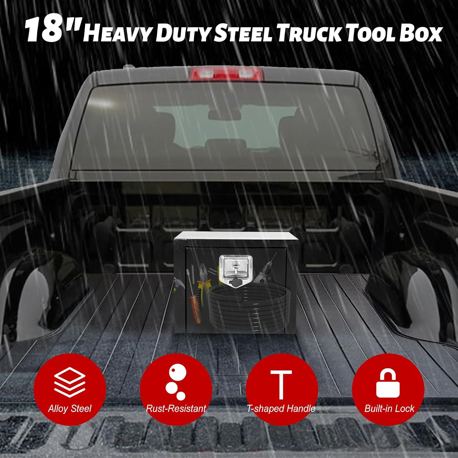 Heavy Duty Steel Plated Underbody Truck Tool Box with T-Handle Lock, Waterproof Tongue Box for Storage with Smooth Surface for Truck, Pickup, RV, Trailer - Black, 18" x 12" x 14" Inch