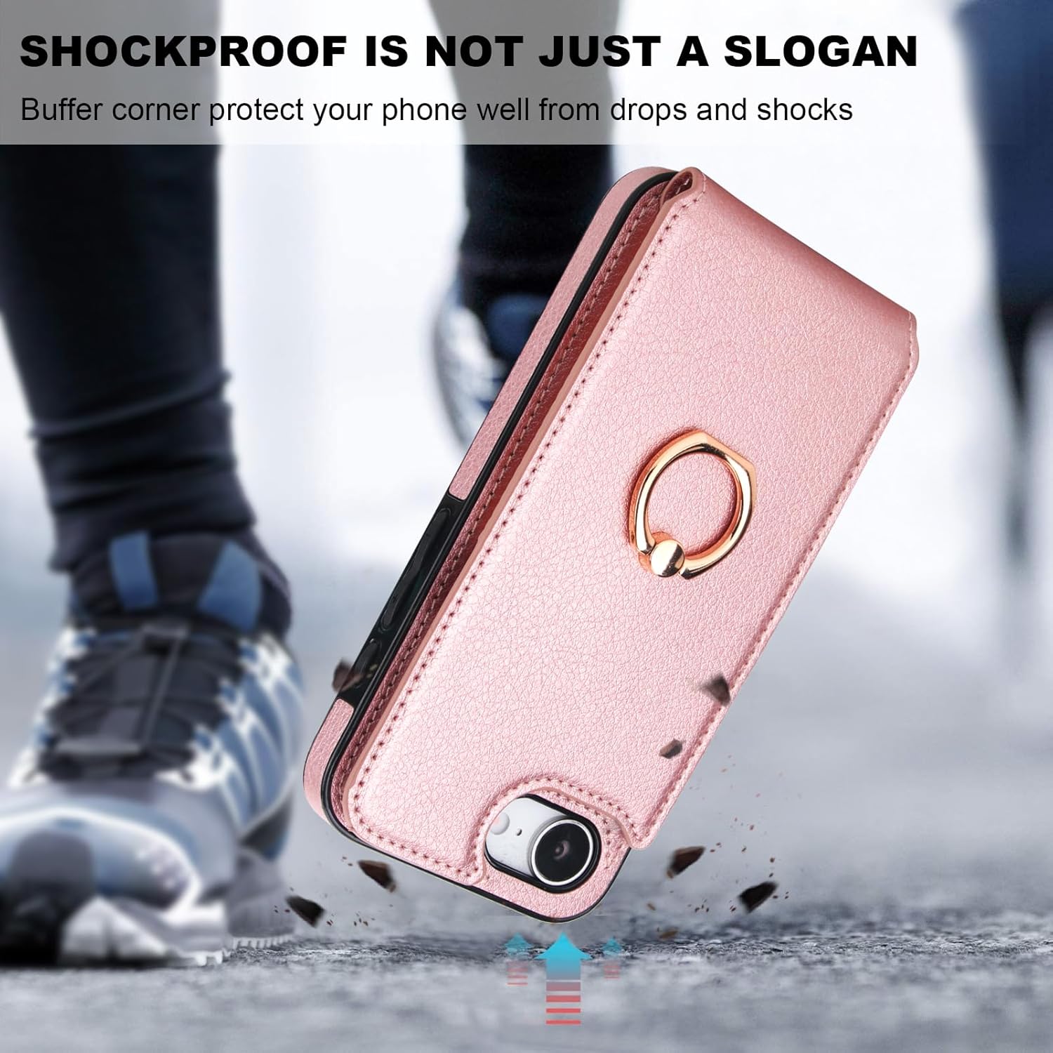 Folosu Compatible with iPhone 17e 16e Case Wallet with Card Holder, 360°Rotation Finger Ring Holder Kickstand, RFID Blocking Leather Protective Double Buttons Shockproof Cover 6.1 Inch Rose Gold