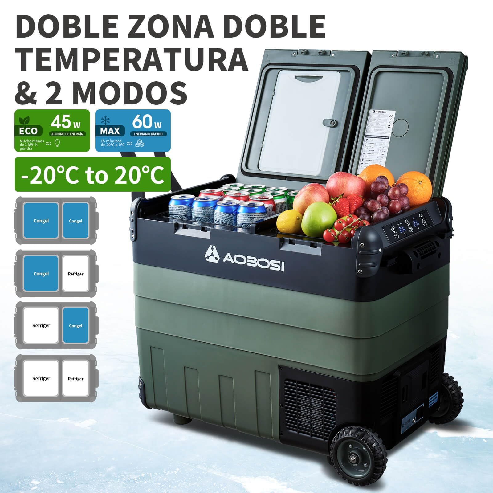 AAOBOSI 50L Nevera Portatil Electrica, Doble Zona, Nevera Coche con APP, Iluminación LED, 12/24V y 100-240V, Puerto de Carga USB, -20°C a 20°C, Nevera 12V con Compresor para Viajes al Aire Libre